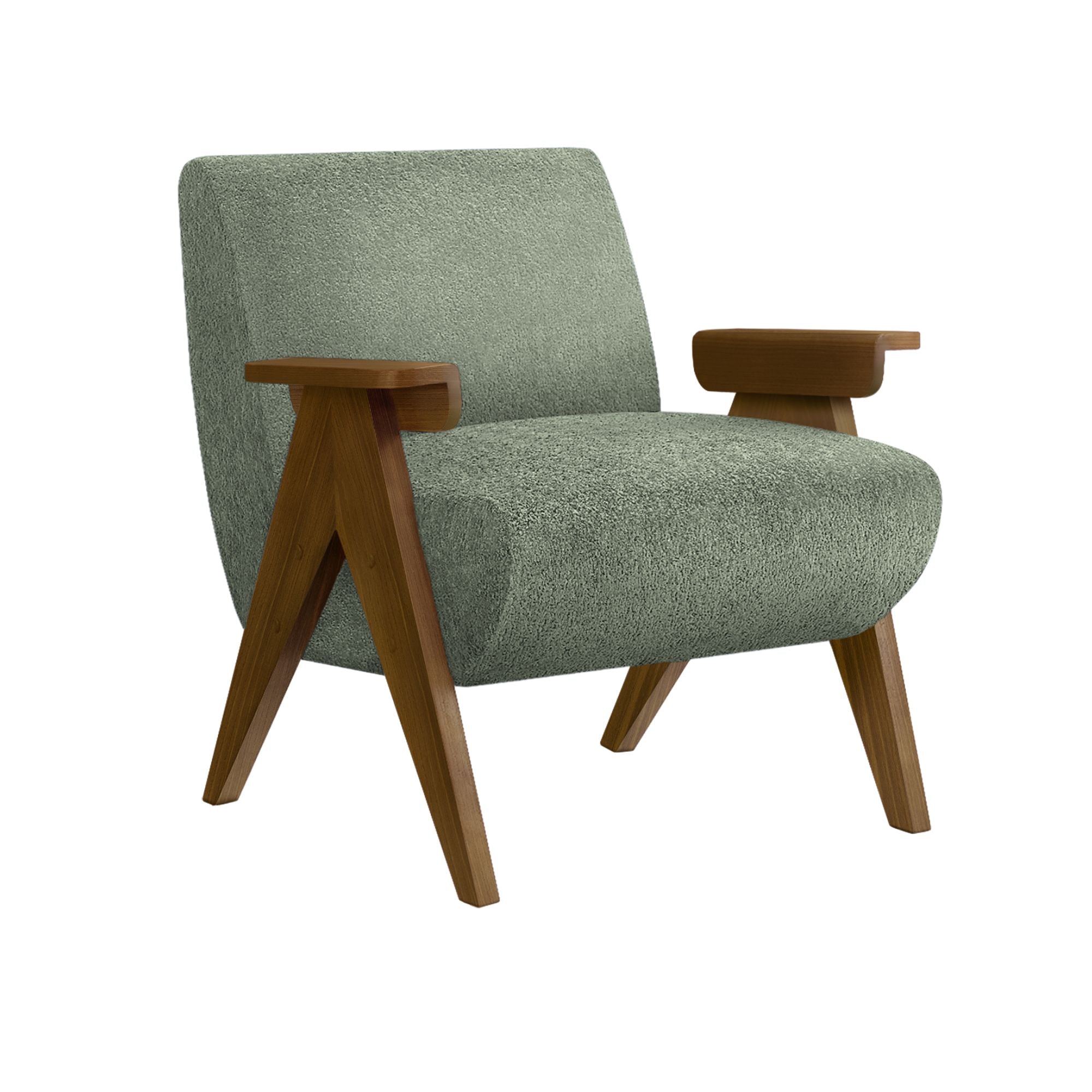 Green fabric accent chair with walnut wood legs, stylish and modern seating from Monarch Specialties.