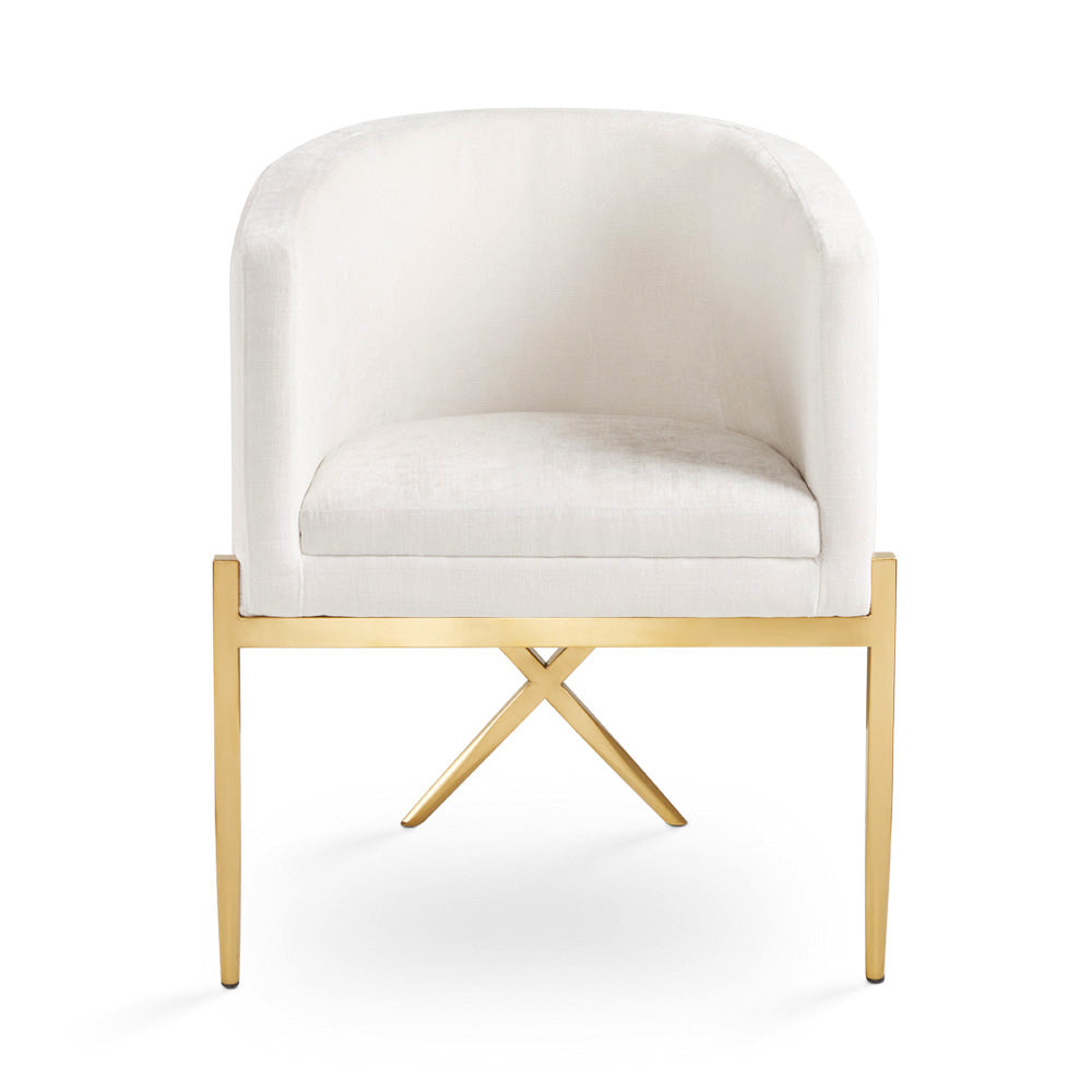 Xcella Anton brushed gold accent chair with ivory upholstery, showcasing a modern and stylish design from the front view.