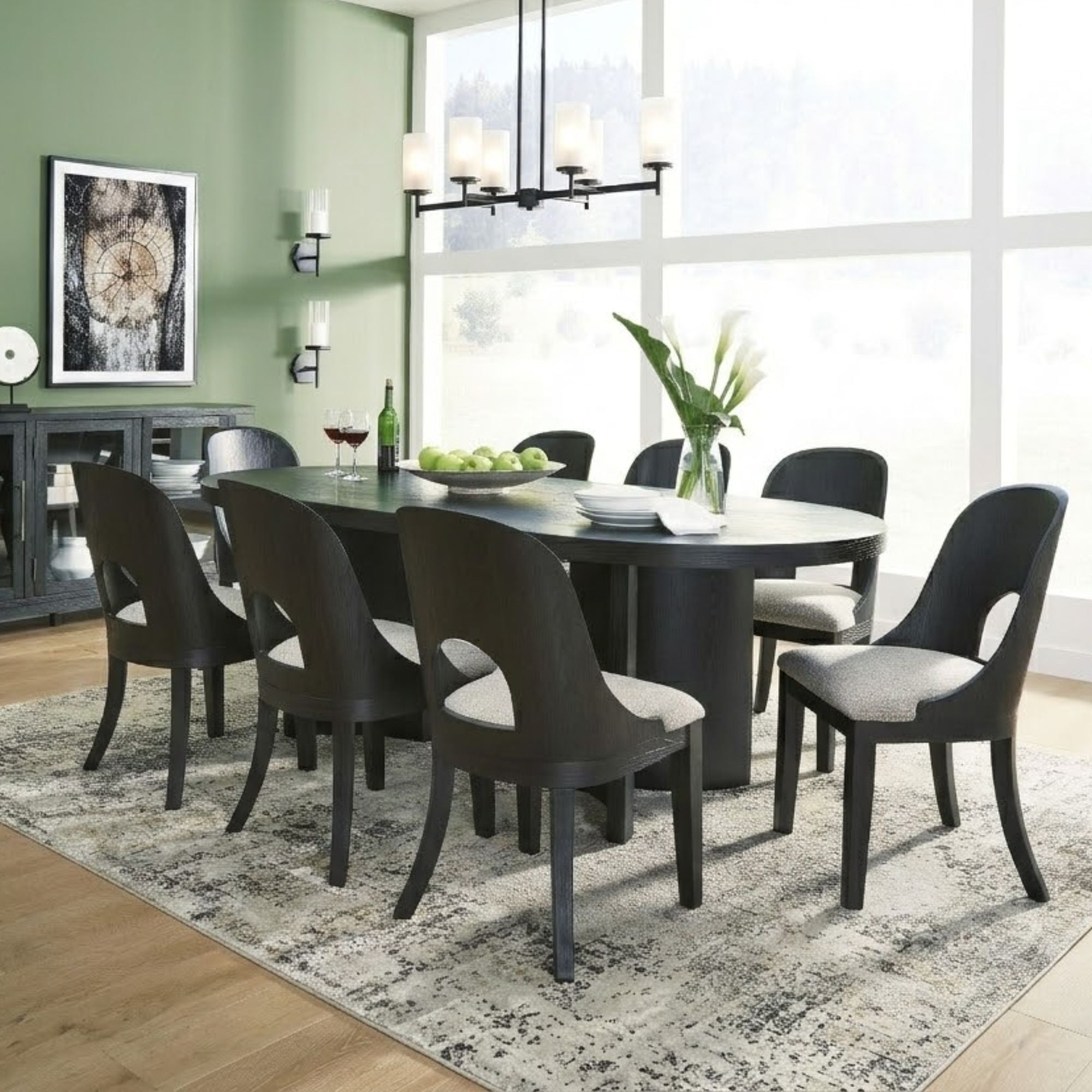 Ashley Rowanbeck 9-piece dining room set with matching side chairs, featuring a stylish wooden table and comfortable upholstered seats.
