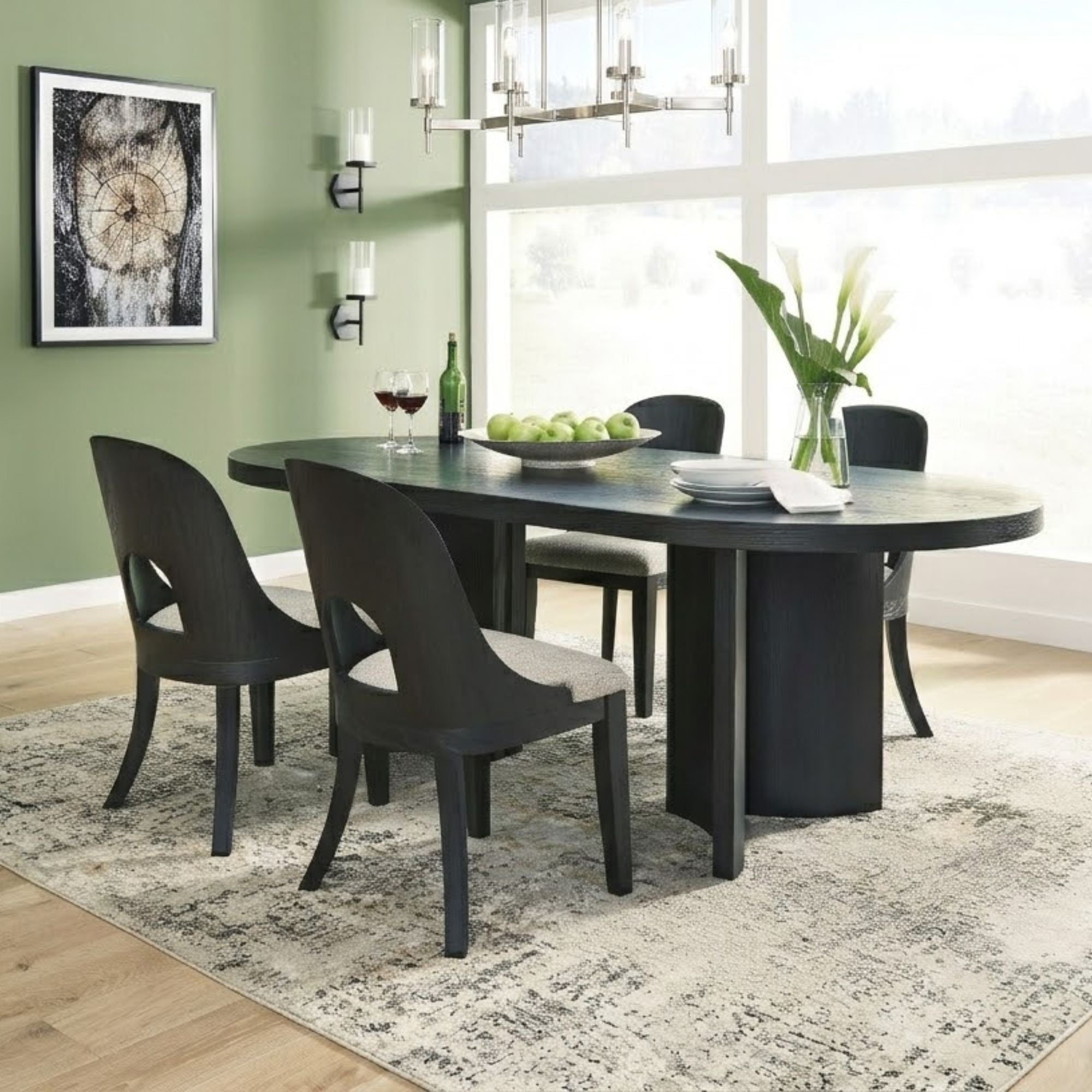 Ashley Rowanbeck 5-piece dining room set with side chairs, featuring a wooden table and upholstered seats, perfect for family meals.