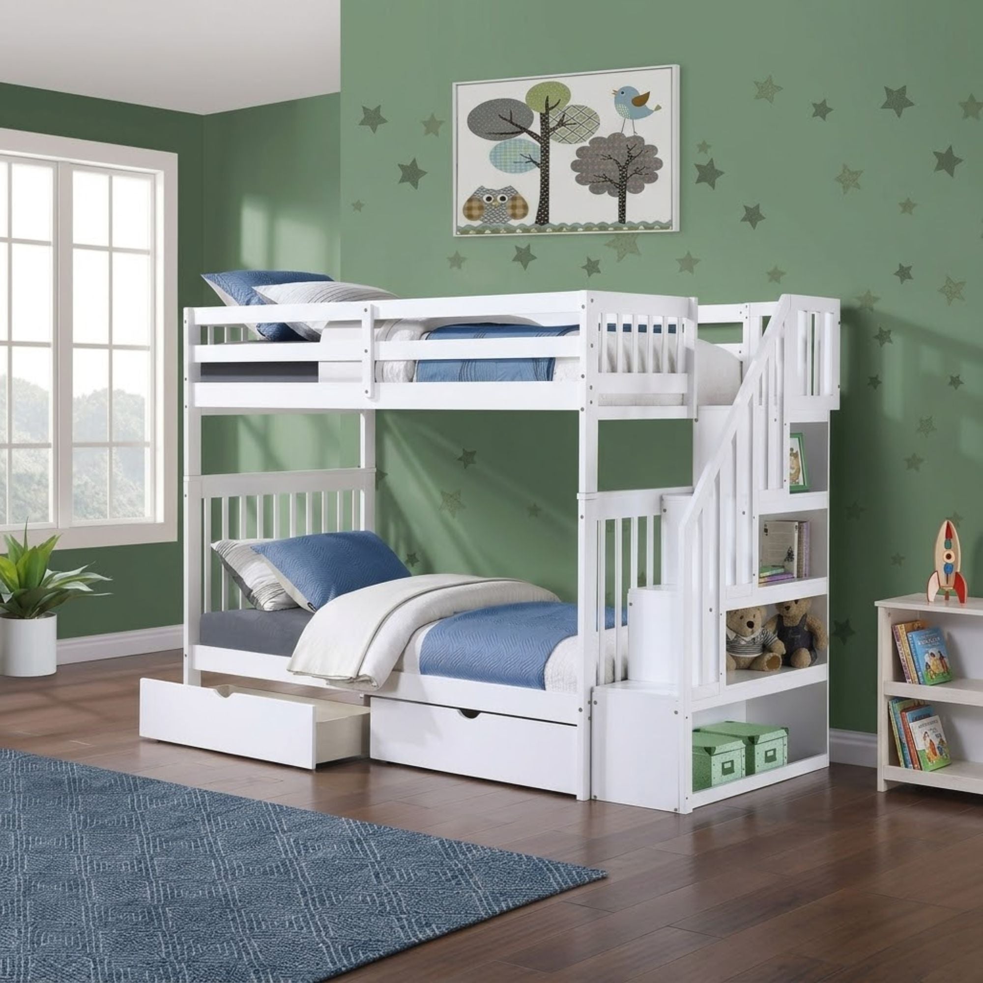 White Mission Twin-over-Twin bunk bed with staircase storage by IFF, featuring a sturdy design and built-in step storage.