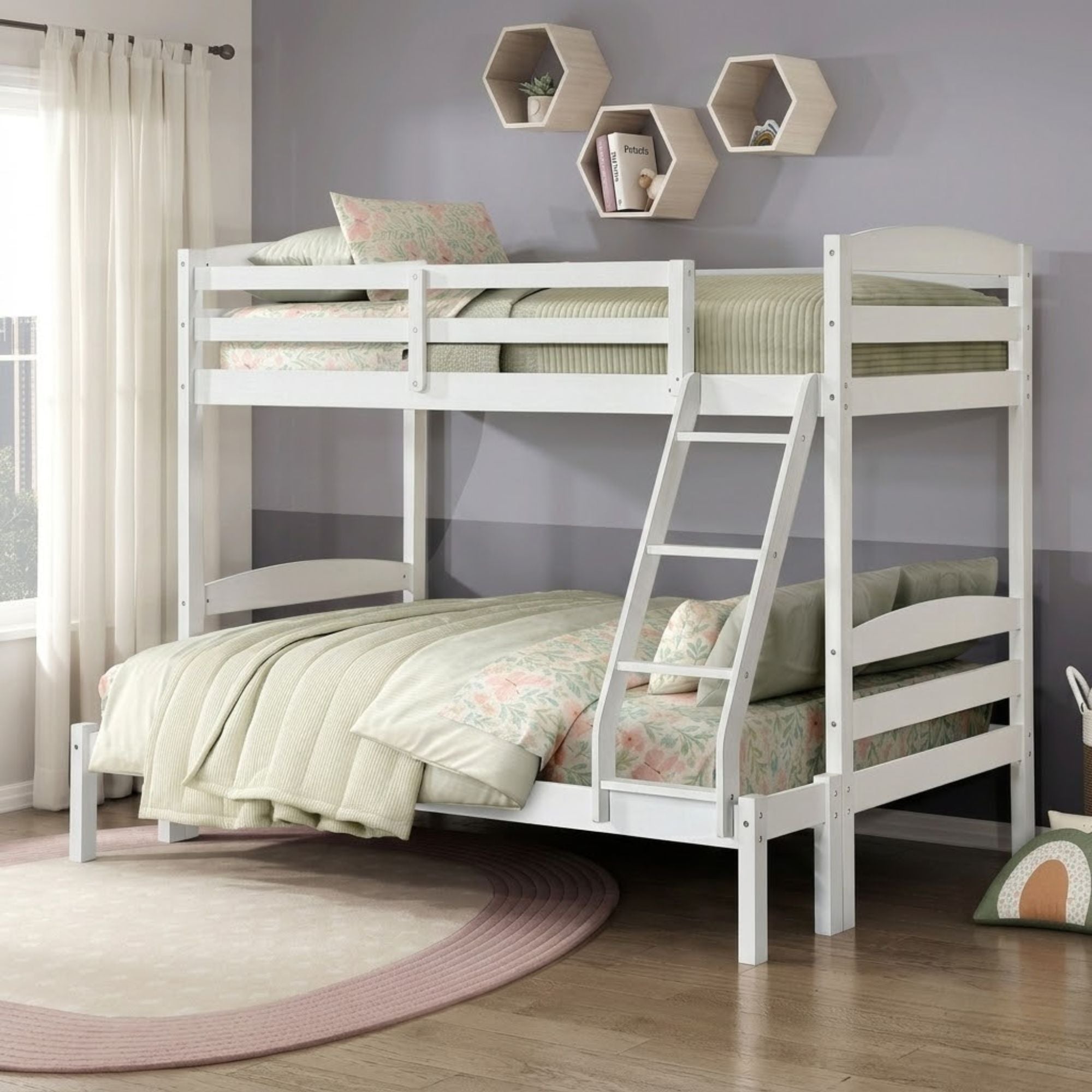 White twin/full bunk bed from MAZ Lani Collection, featuring sturdy wooden frame and ladder for space-saving sleeping arrangement.