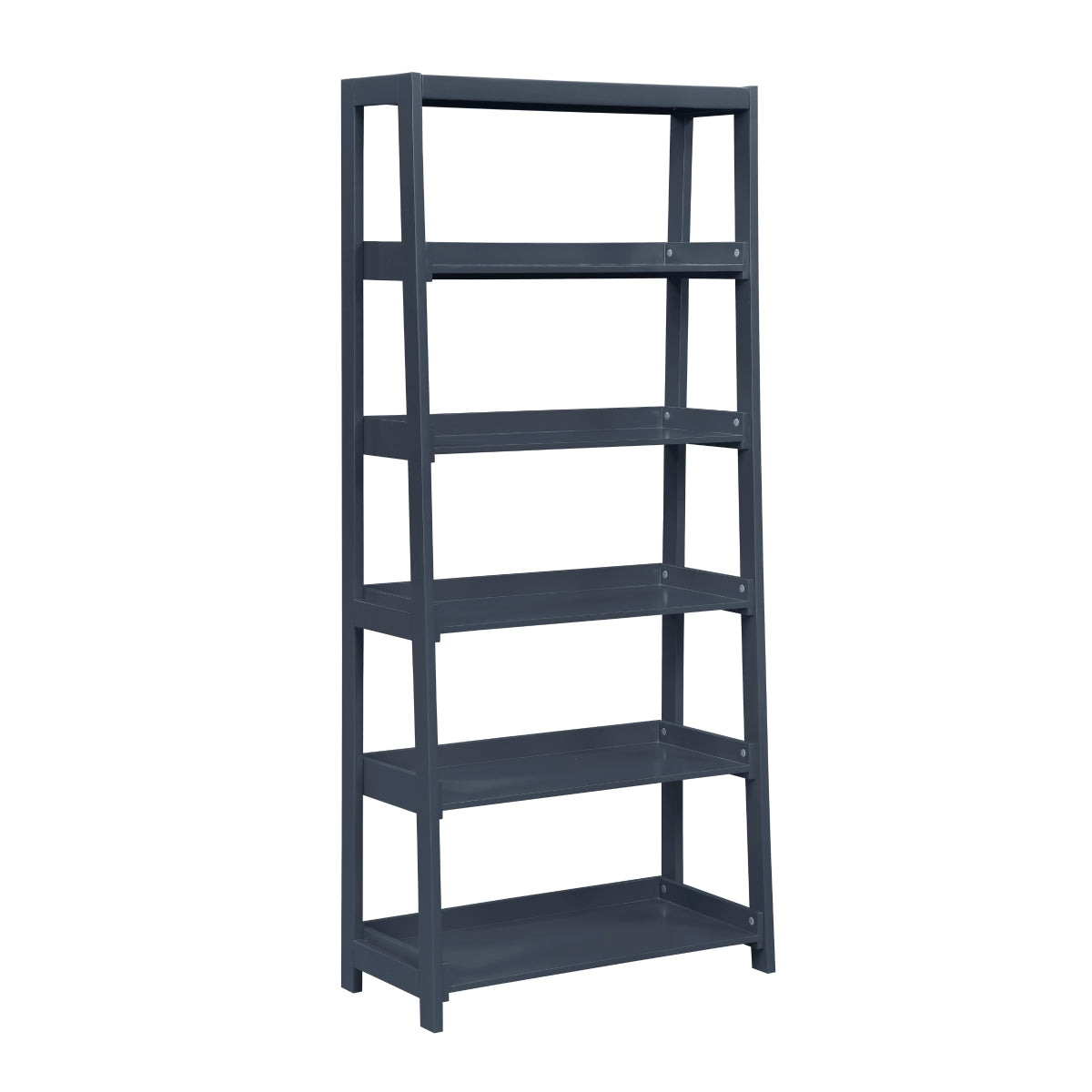 Blue wooden bookcase with five shelves from Monarch Specialties, showing a side view with a modern design.