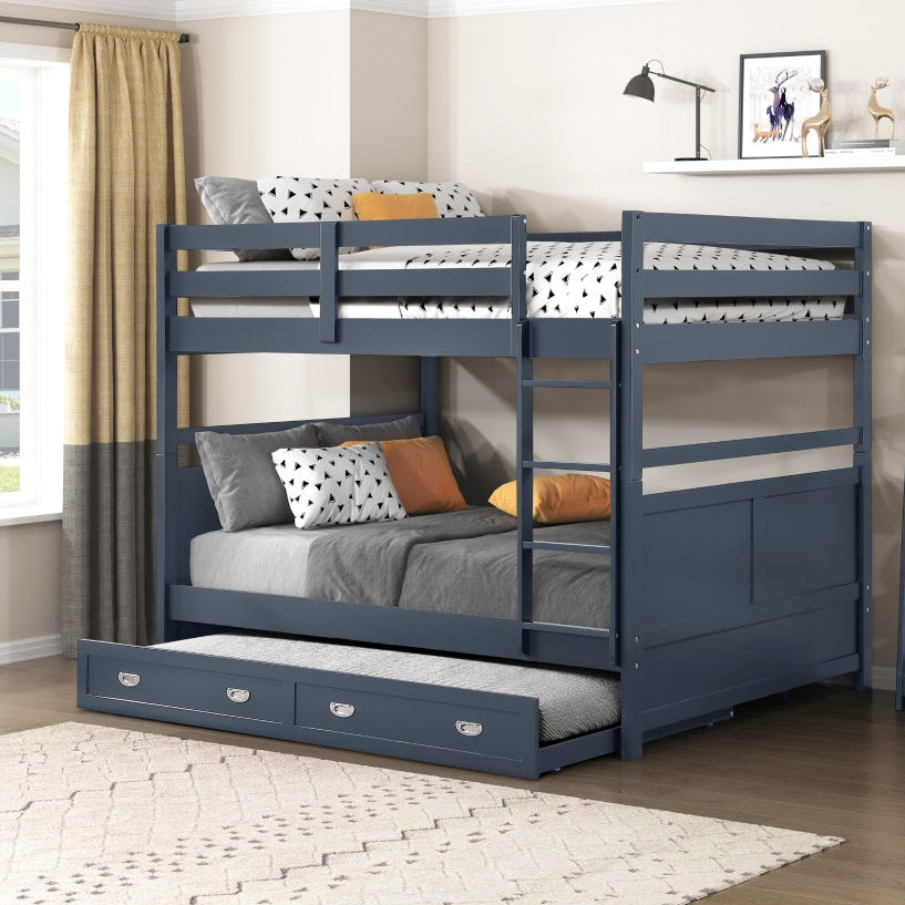 MAZ Sloane Collection navy blue bunk bed with twin upper and full lower sleeping areas, sturdy wood construction, and safety rails.