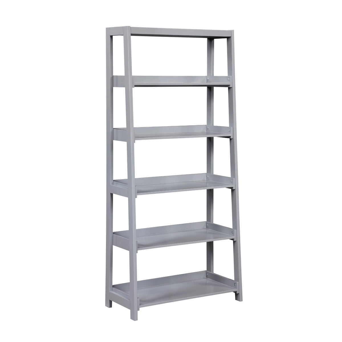 Grey Monarch Specialties 5-shelf wooden bookcase with open shelving, side view showing sturdy design and natural wood finish.