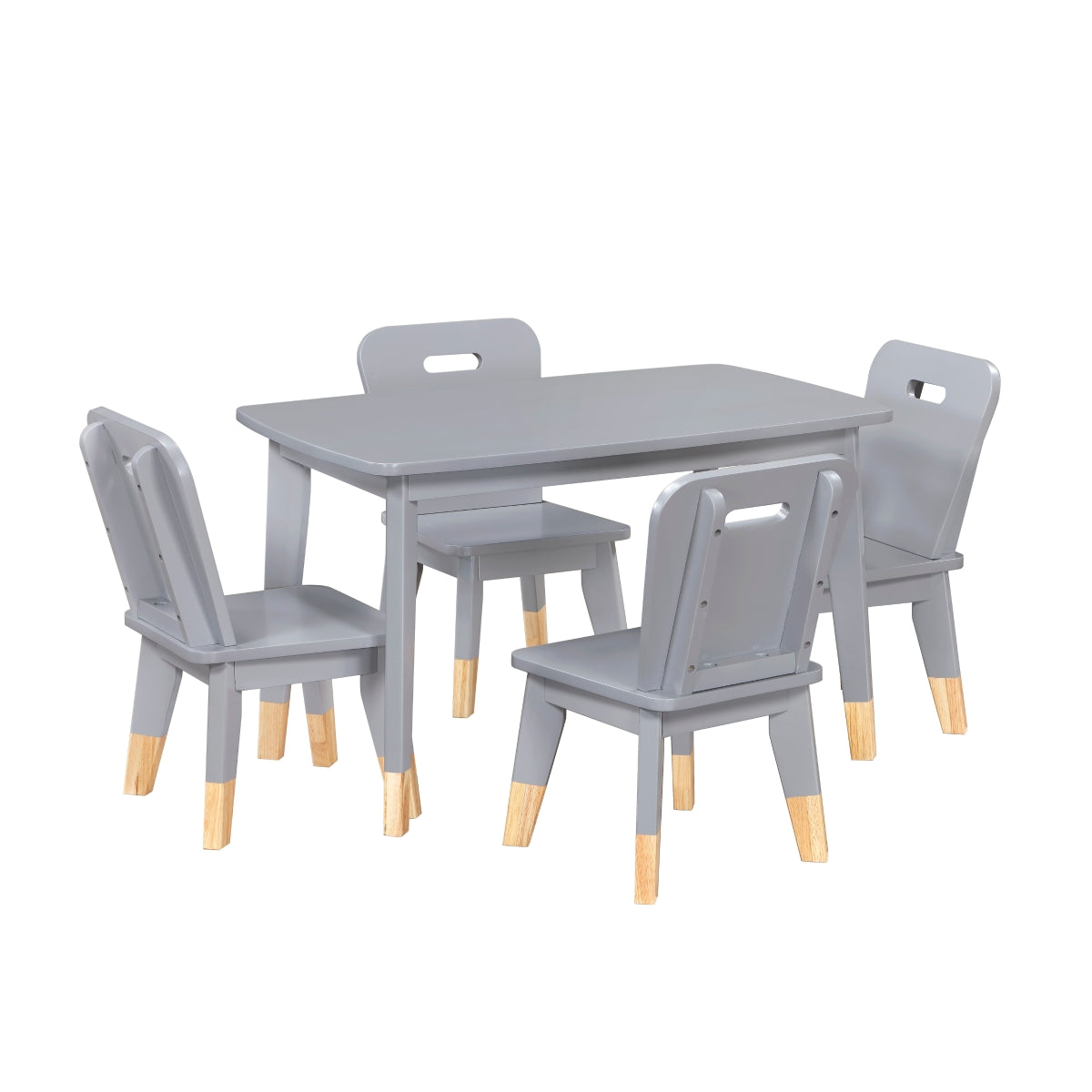 Gray kids dining table and chairs set from MAZ Sloane Collection, includes five-piece child-sized furniture with side view.