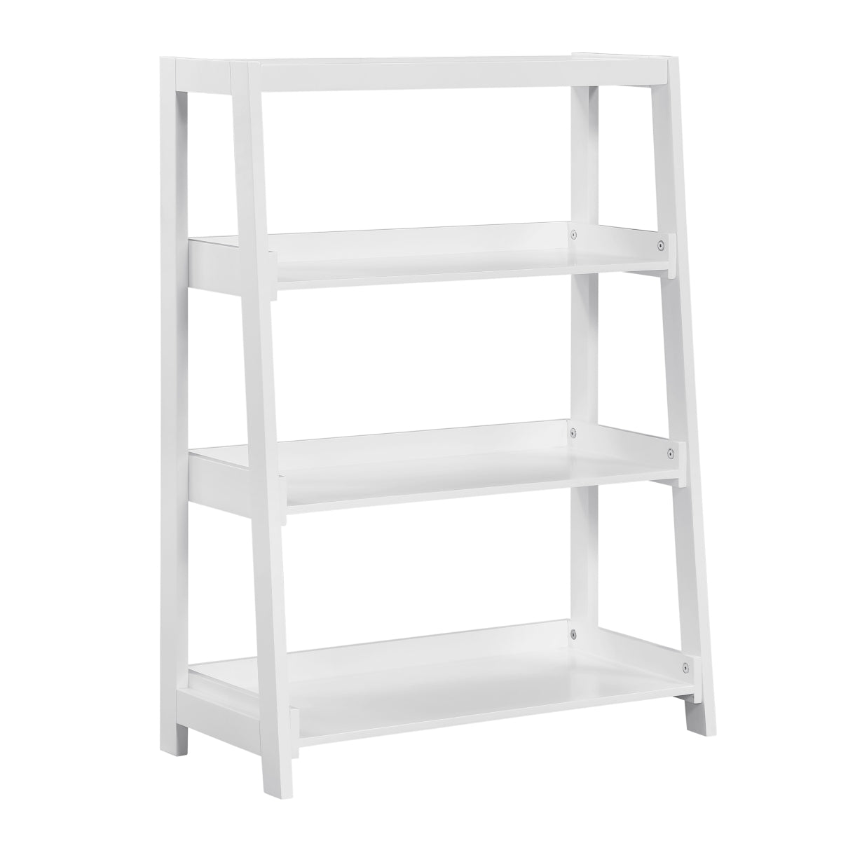 White wooden 3-shelf bookcase by Monarch Specialties, showing side view with shelves and clean finish.