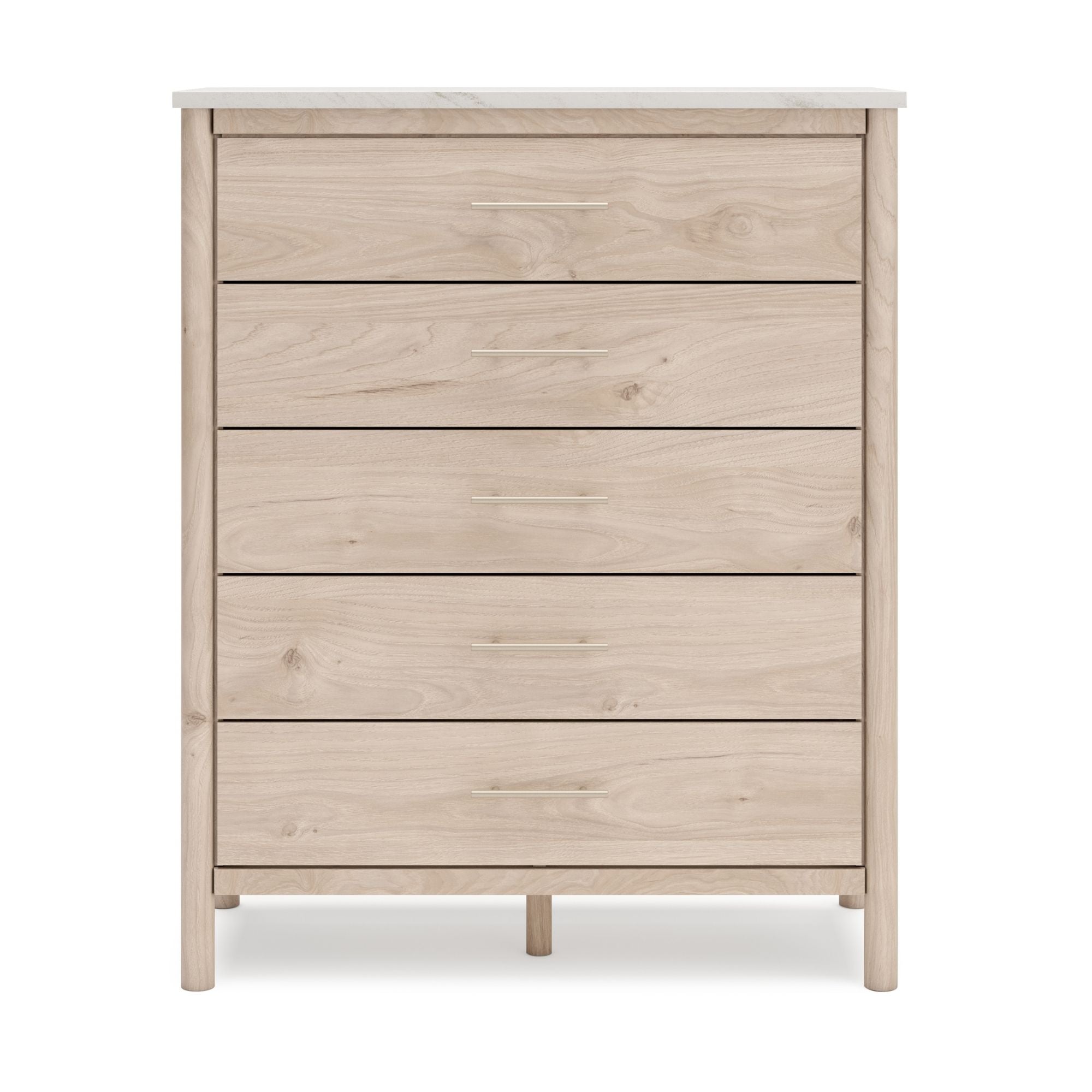 Signature Ashley Cadmori five-drawer wide natural wood chest with sleek design and spacious storage.