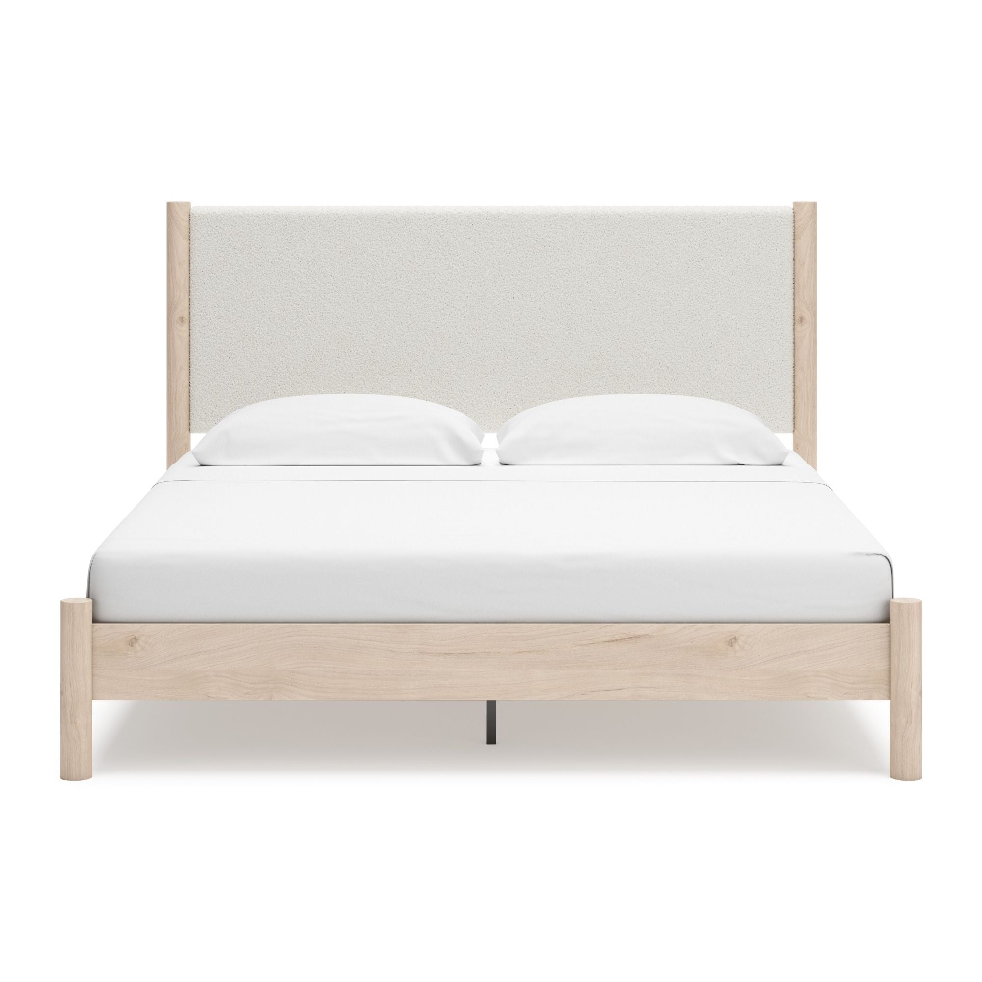 Natural upholstered panel platform bed from Signature Ashley, featuring a soft fabric headboard and sturdy frame in a bedroom setting.