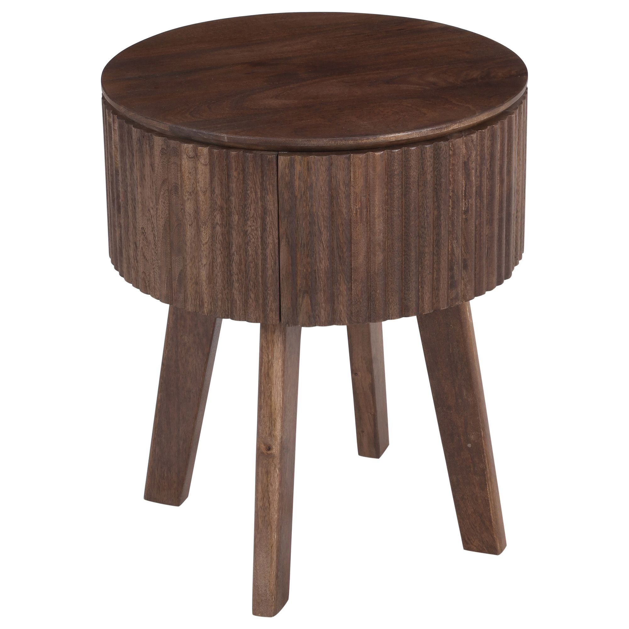 Round walnut end table with single drawer, modern design by World Wide, featuring a smooth tabletop and sleek wooden finish.