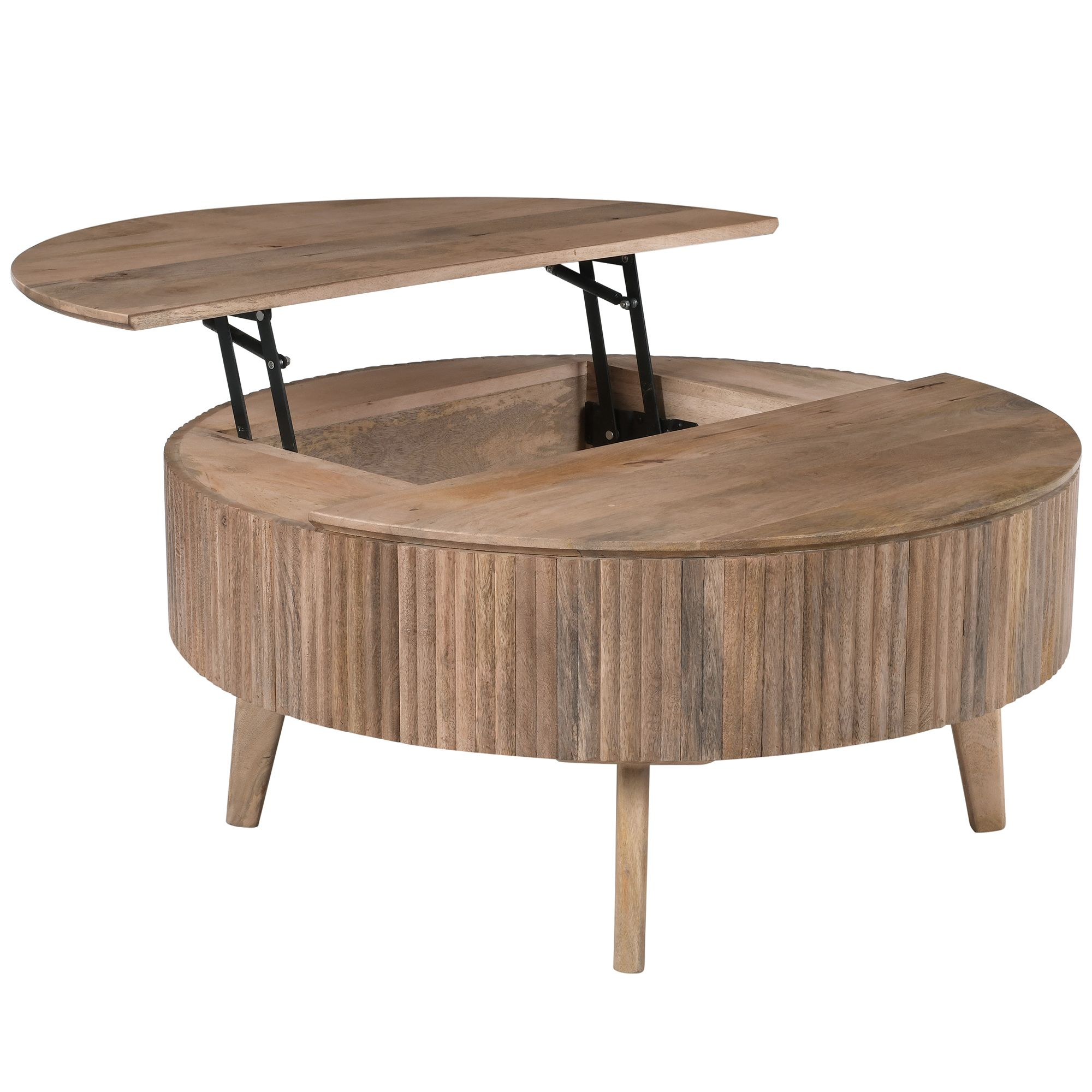 Natural wood Balark round lift-top coffee table by World Wide, featuring a sleek design and functional lift-top surface for versatile use.