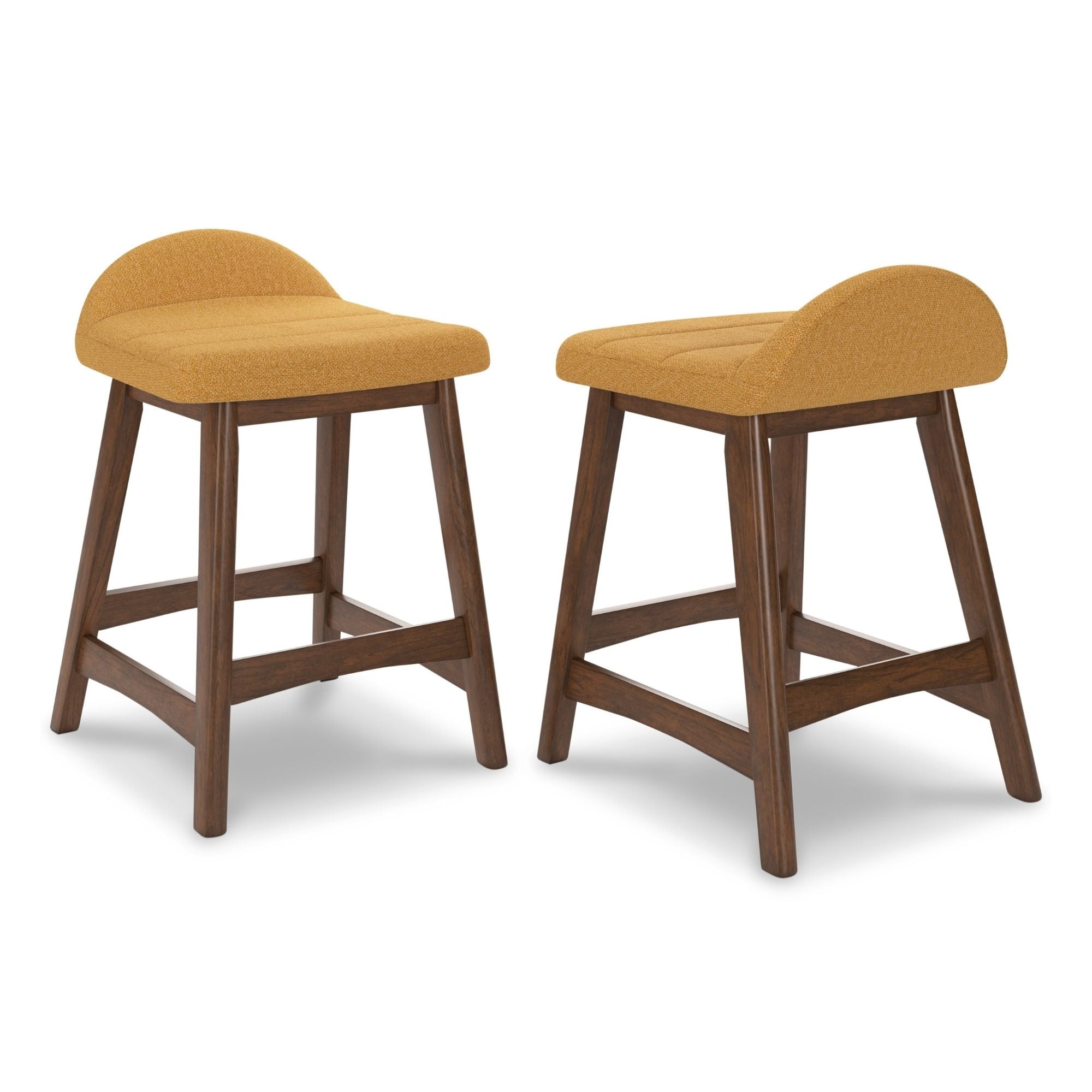 Set of two yellow upholstered Ashley Signature bar stools with wooden legs, modern design, perfect for kitchen or bar area.