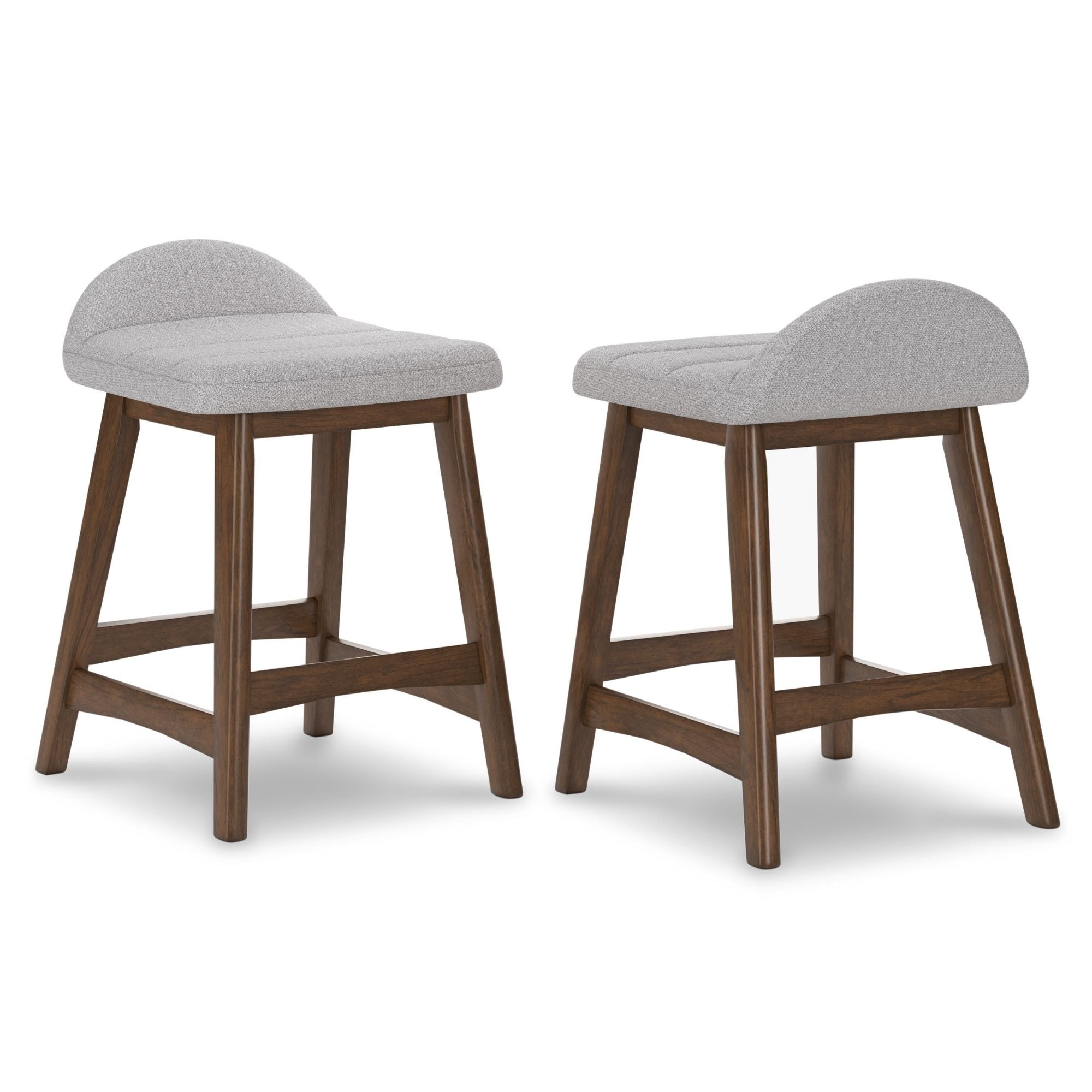 Set of two light grey upholstered Ashley Signature bar stools with wooden legs and a modern, comfortable design.