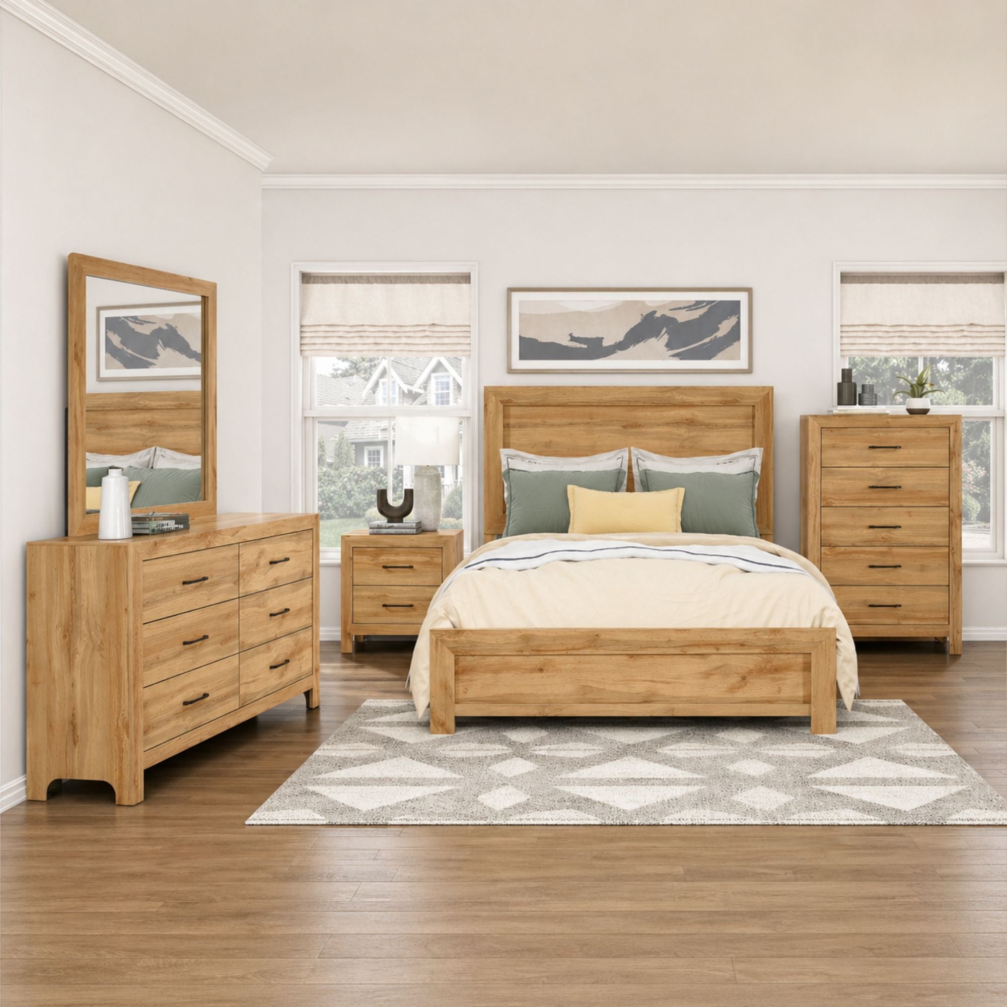 MAZ Corbin 1534NA bedroom set featuring a bed, nightstands, and dresser in a modern bedroom layout.