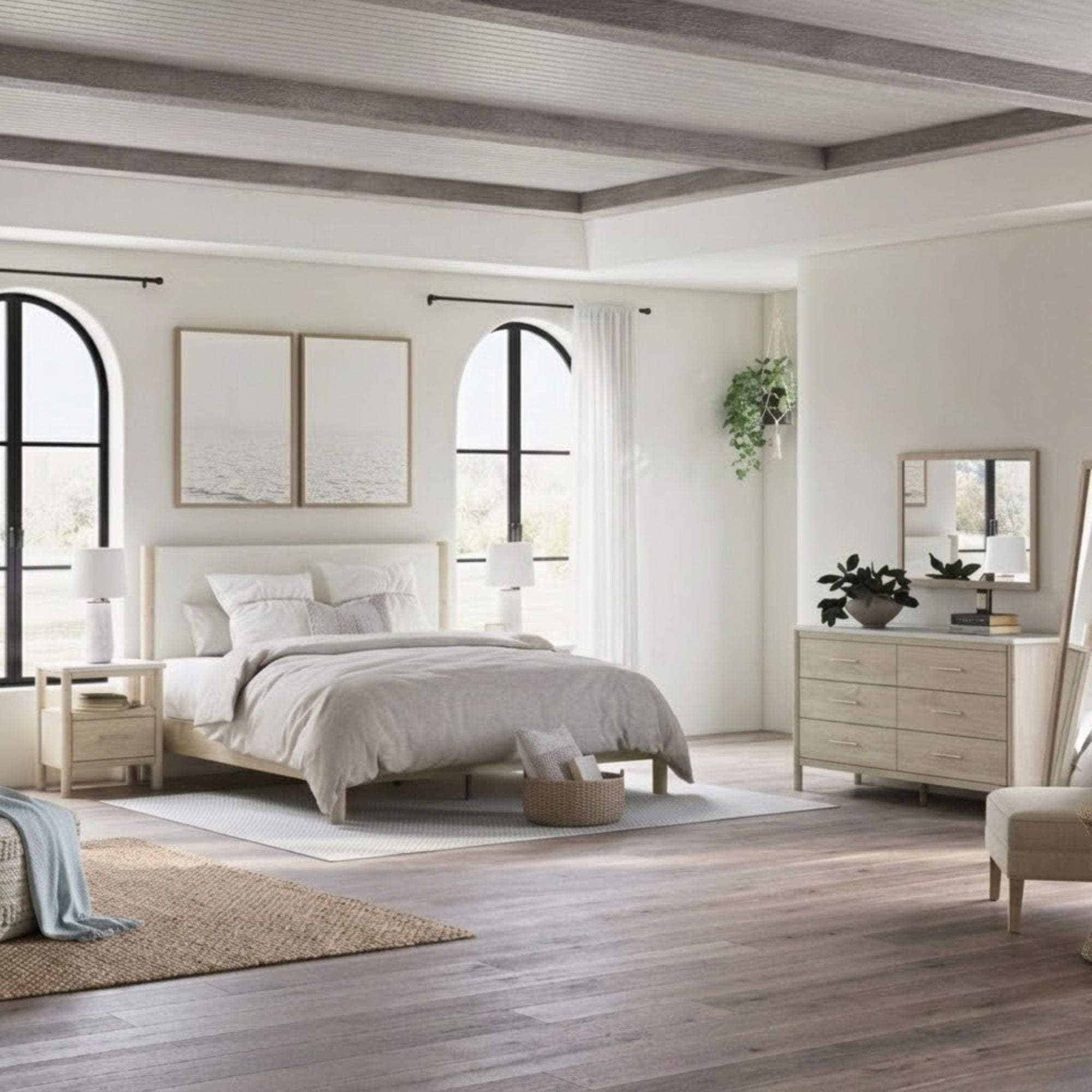 Cadmori upholstered panel platform bedroom set by Signature Ashley featuring a natural finish and modern design.