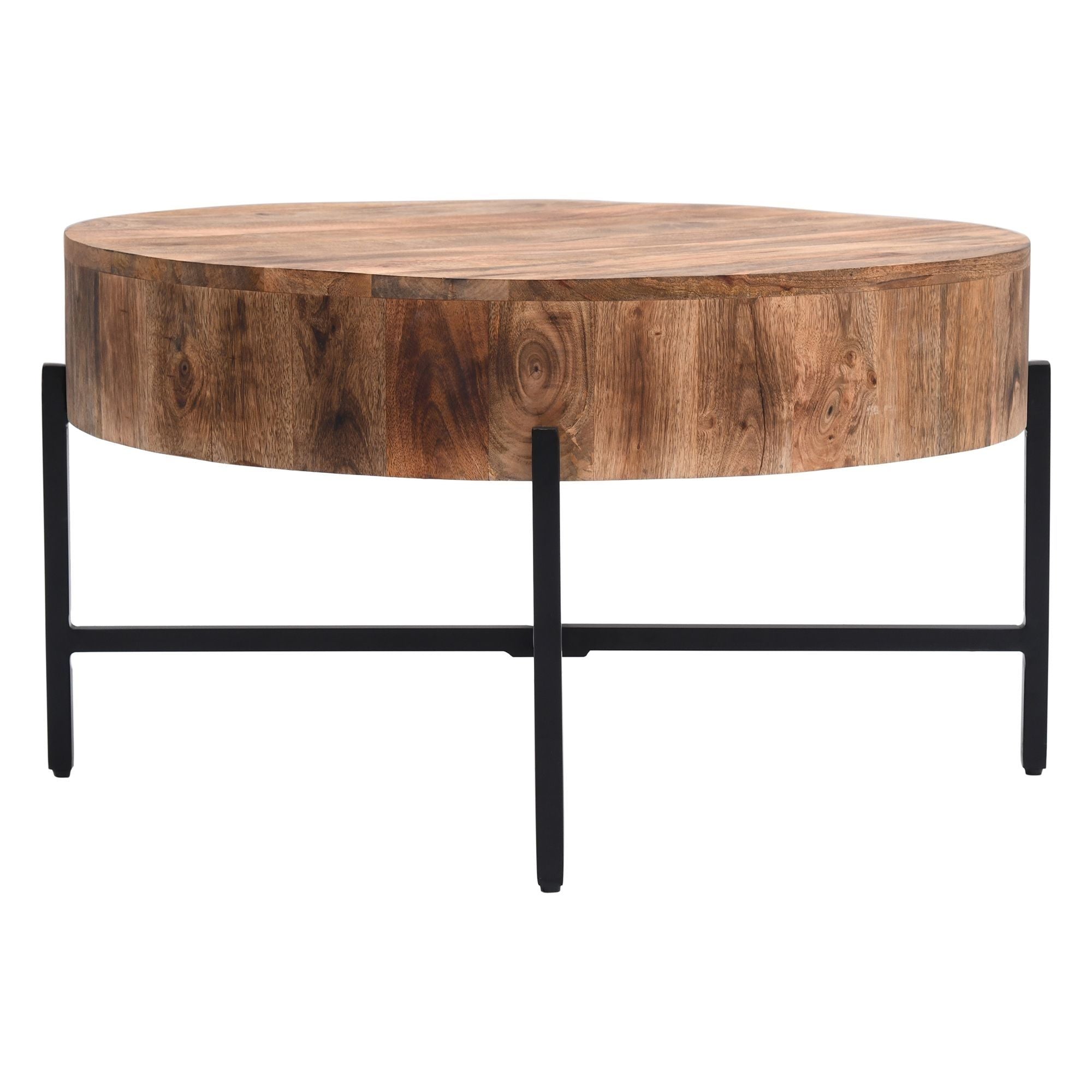 Modern Blox round coffee table by World Wide with natural wood top and black metal legs, stylish living room centerpiece.