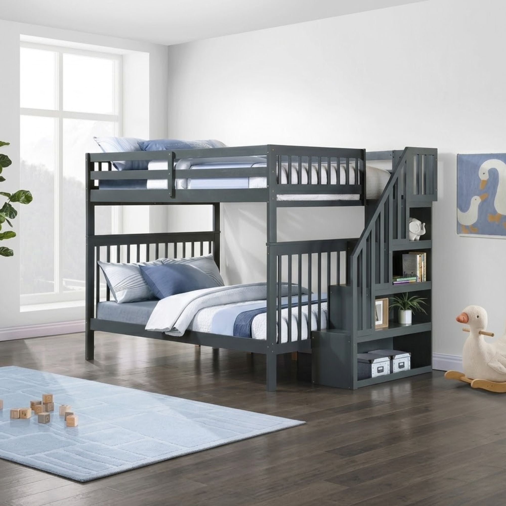 Grey Mission espresso twin-over-twin bunk bed with staircase storage by IFF, showing the bunk bed frame with staircase and storage drawers.