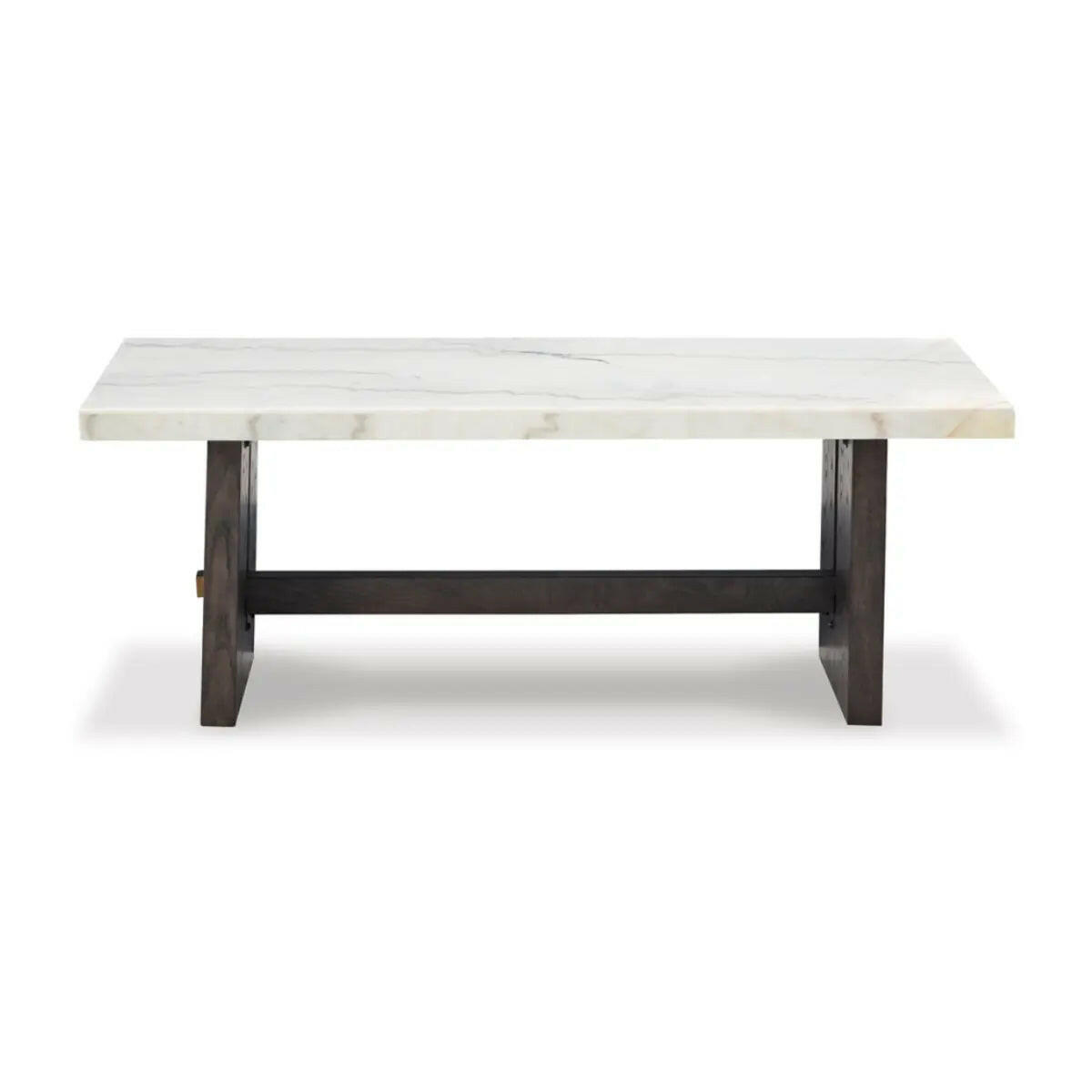 Signature Design by Ashley Burkhaus cocktail table with a round wooden top and metal legs, modern coffee table for living rooms.