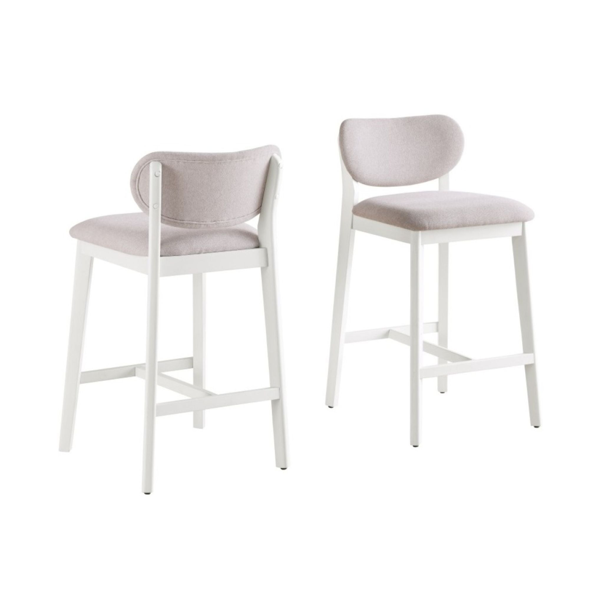 Set of two cream Brassex counter bar stools with padded seats and sleek metal legs, ideal for kitchen or bar areas.
