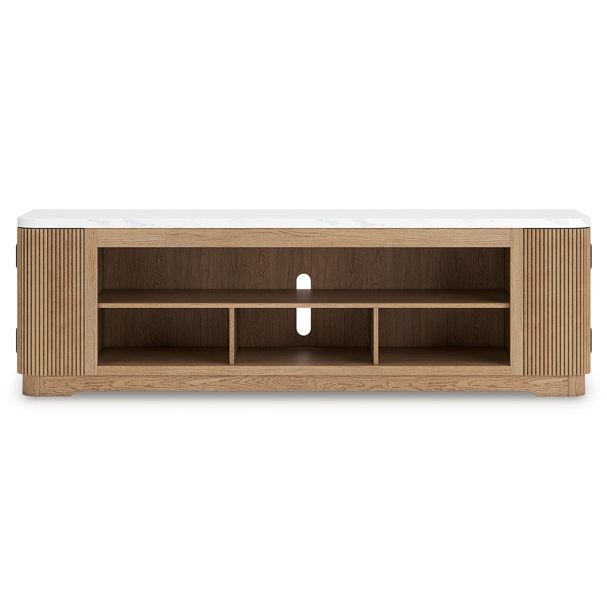 Signature Design by Ashley Camdill XL TV stand with fireplace feature, showcasing wood finish and modern storage compartments.