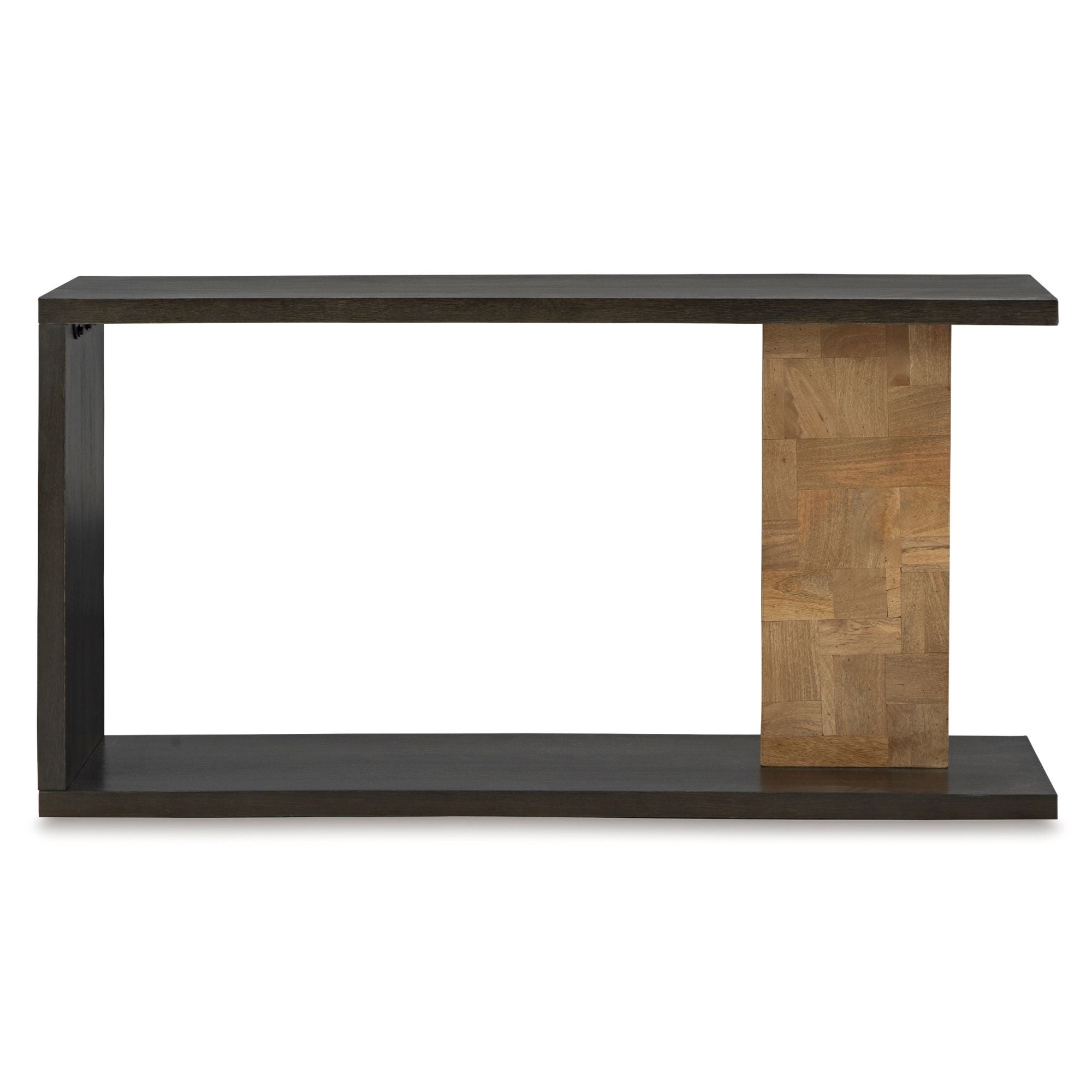 Signature Design by Ashley Camlett console sofa table with a sleek wooden surface and metal legs, ideal for living room decor.