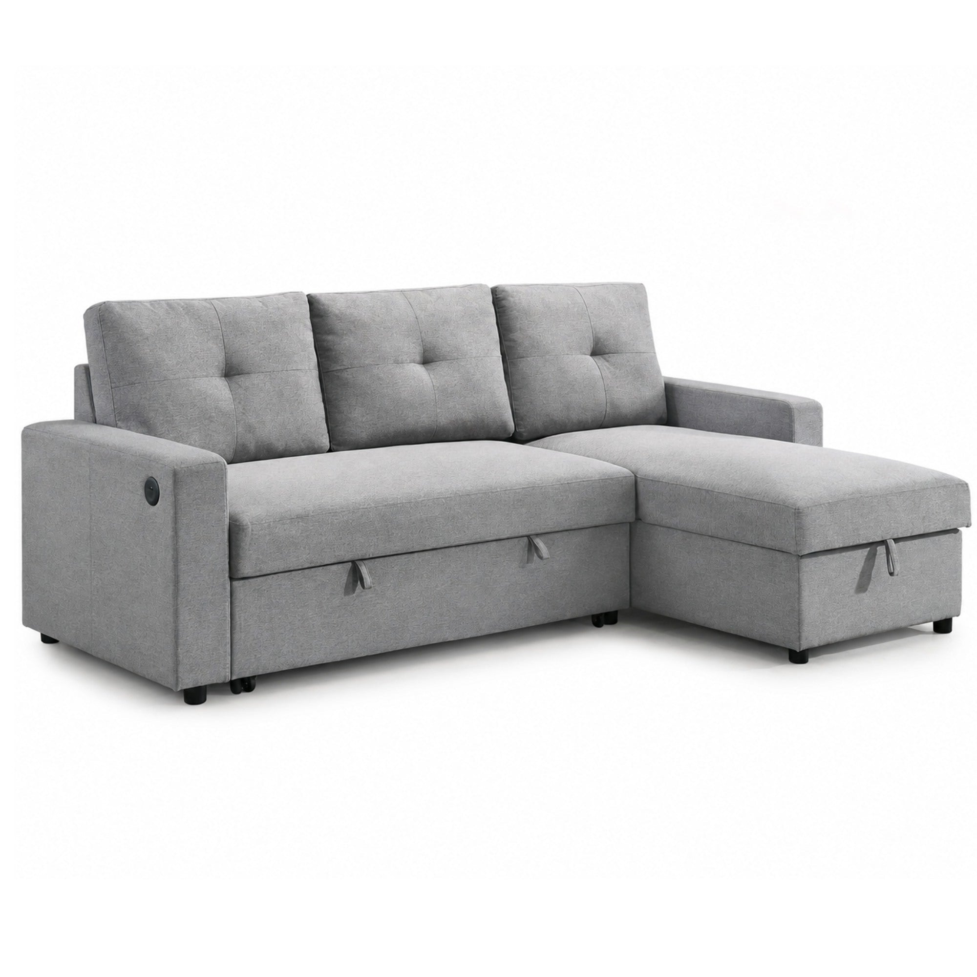 A light gray fabric sectional sofa with a left-facing chaise ottoman, three tufted back cushions, and storage drawers underneath the front seat cushions, shown on a plain white background.