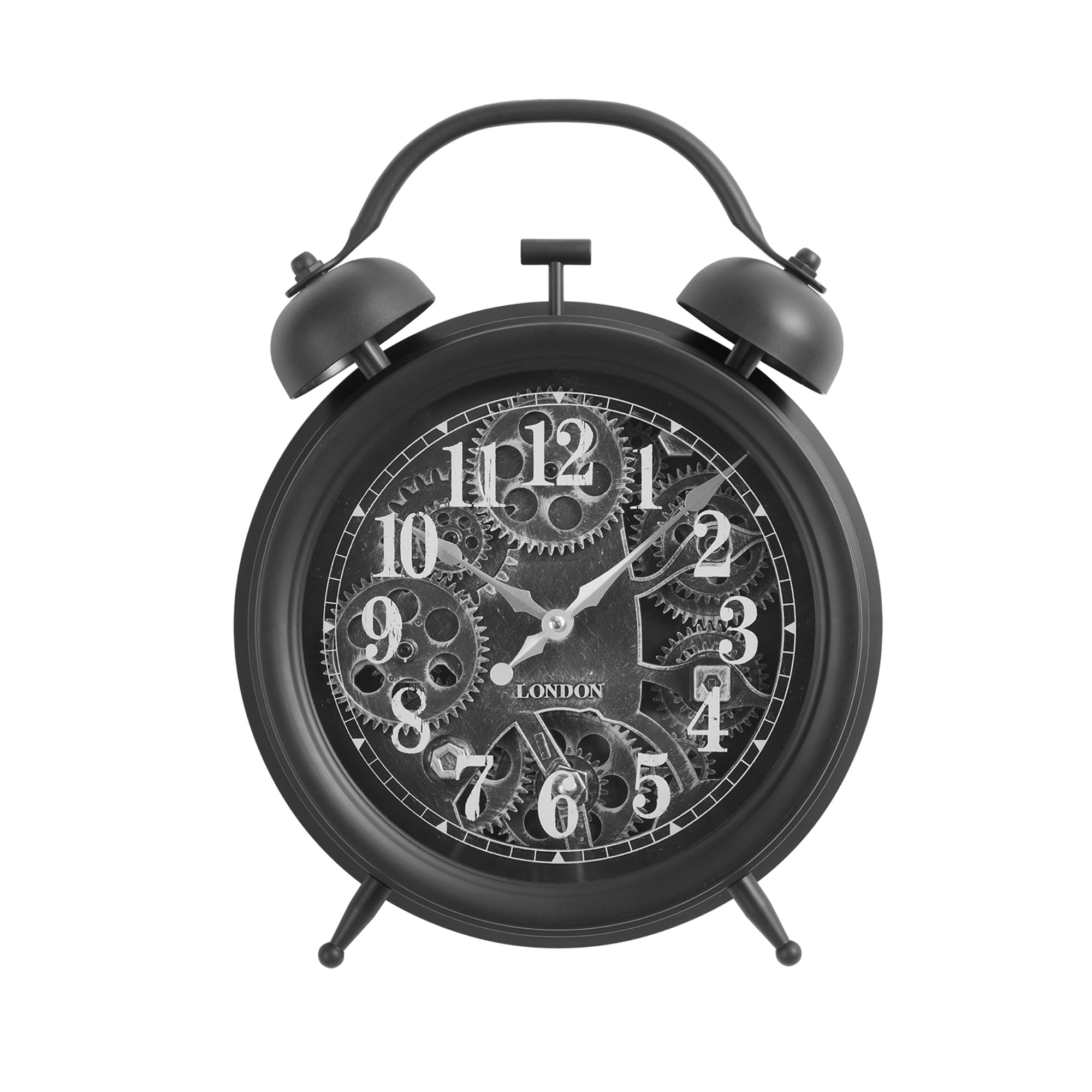 Black tabletop clock with gear mechanism, Monarch Specialties clock featuring a modern industrial design.