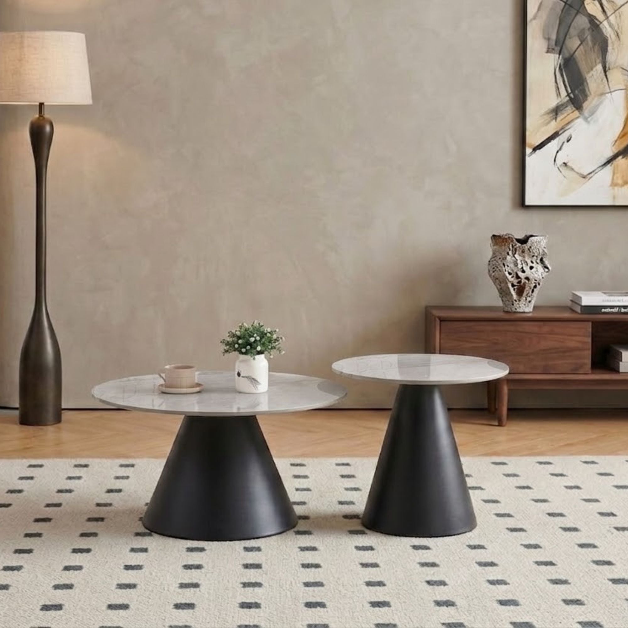 Set of two Armani grey sintered stone marble top coffee tables by IFF, featuring sleek modern design and sturdy construction.