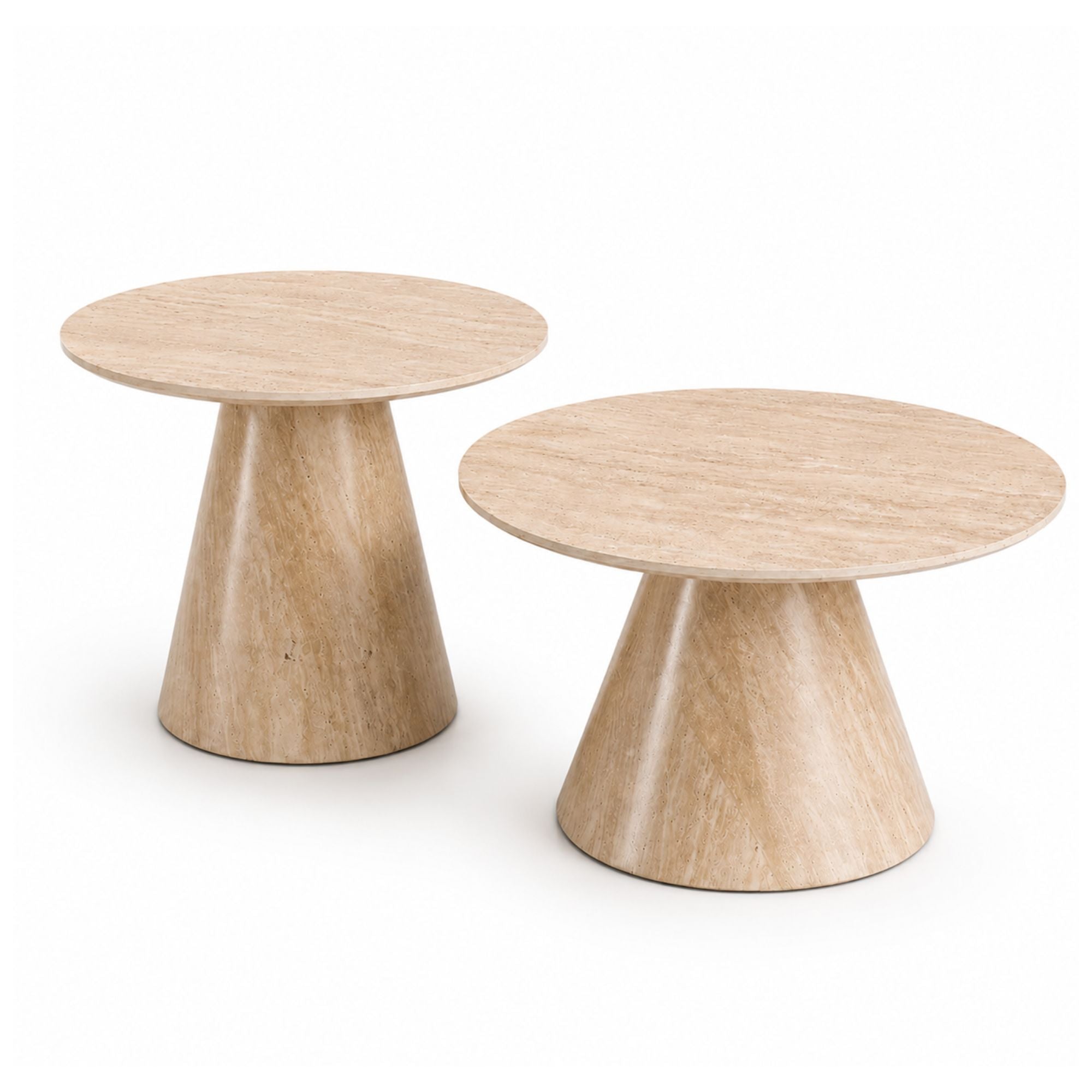 Two round Sorrento Travertine coffee tables from IFF in a modern set, showing smooth travertine surfaces and sleek bases.