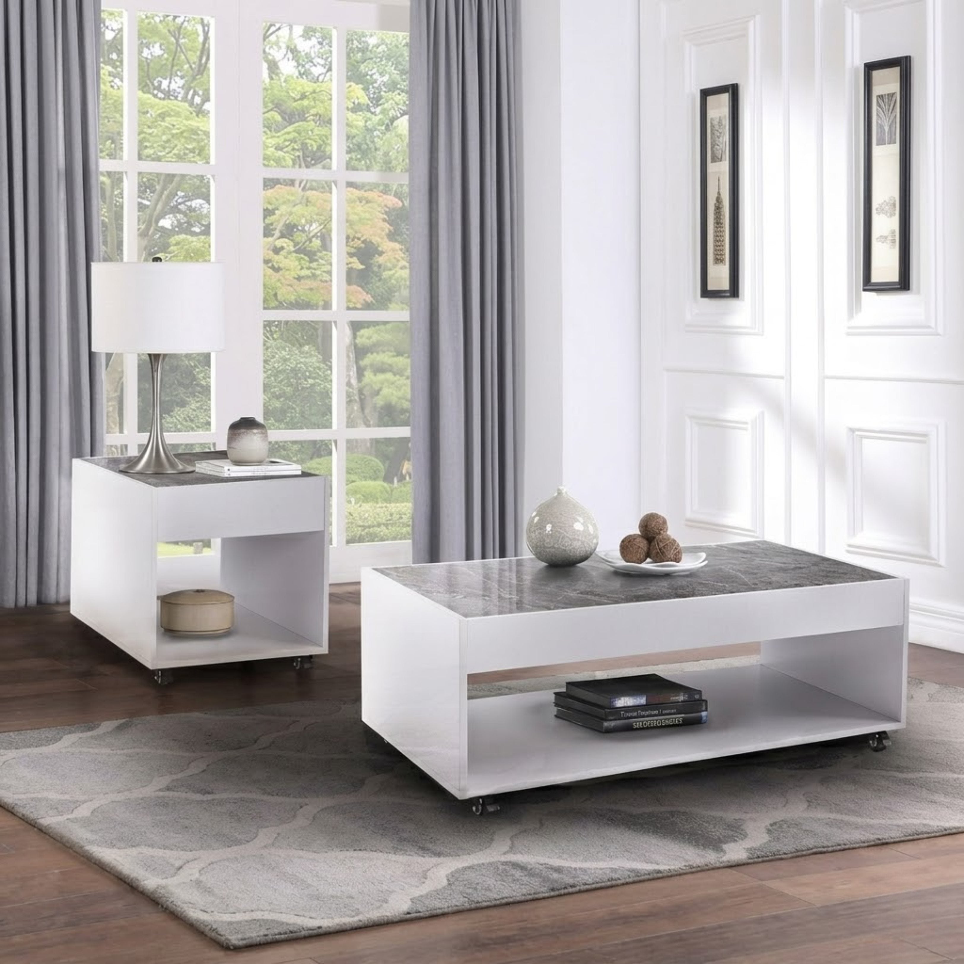 MAZ Elariel Collection white coffee table set showing three modern, sleek coffee tables with smooth surfaces and minimalist design.