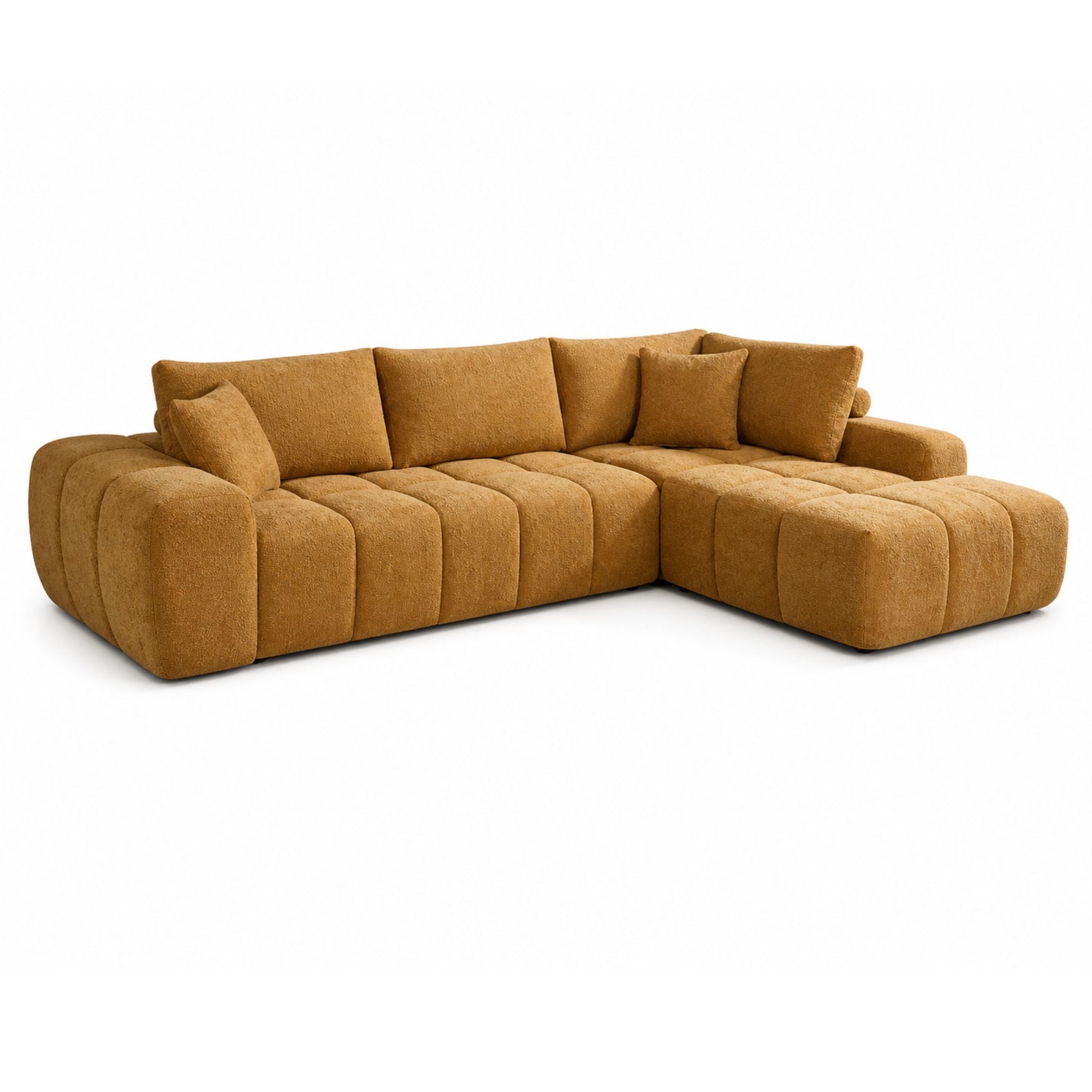 Bronze sectional sofa from Brassex with plush cushions and modern design, shown in a cozy living room setup.