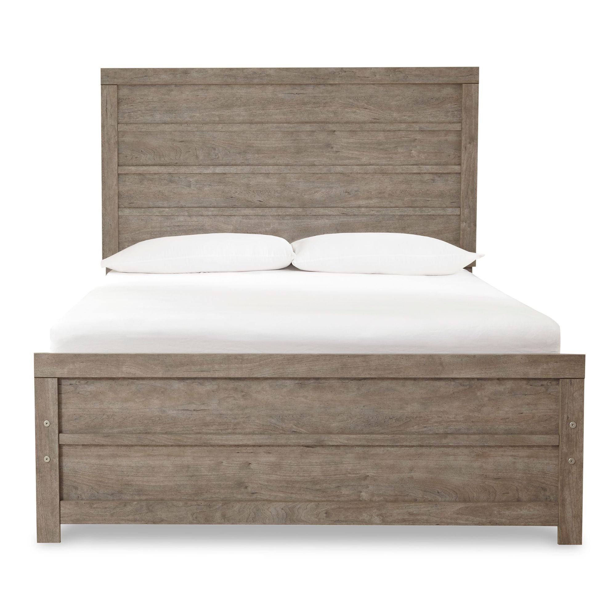 Grey Culverbach bed from Signature Ashley, showcasing a stylish bedroom setup with a plush upholstered headboard and matching bedding.