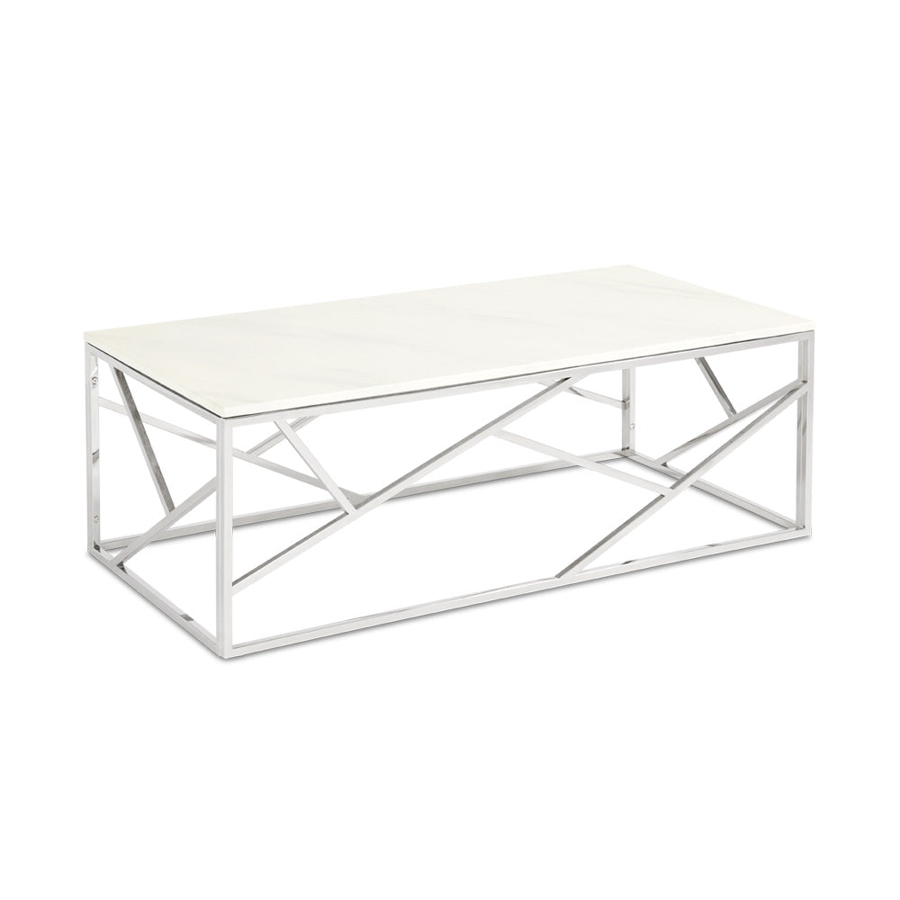 Xcella Carole Faux Marble Coffee Table in silver with a sleek, modern design and three-quarter view showcasing its stylish marble surface.