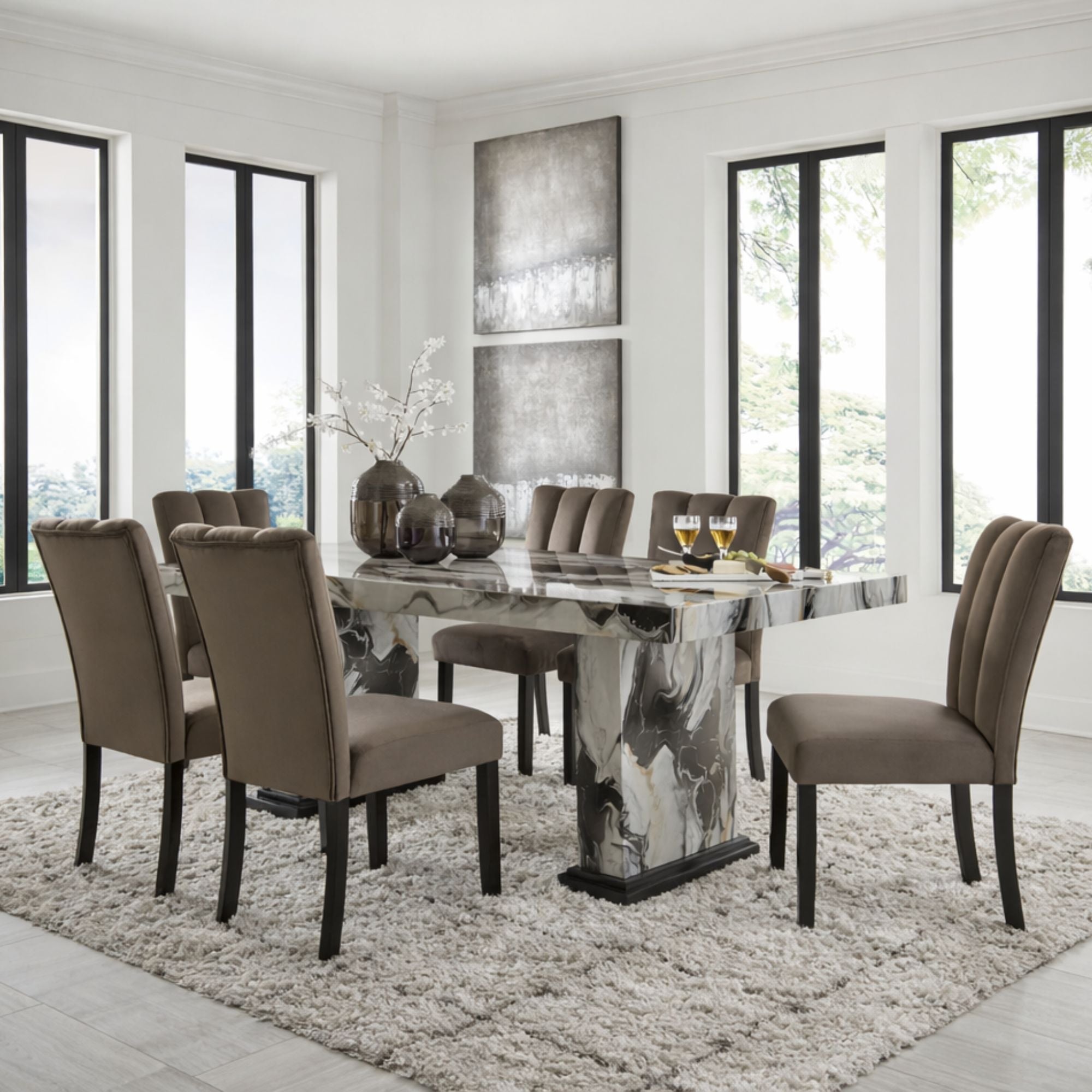 Elegant Jeshina marble look dining room set by Signature Ashley with a round table and matching chairs, perfect for modern dining spaces.