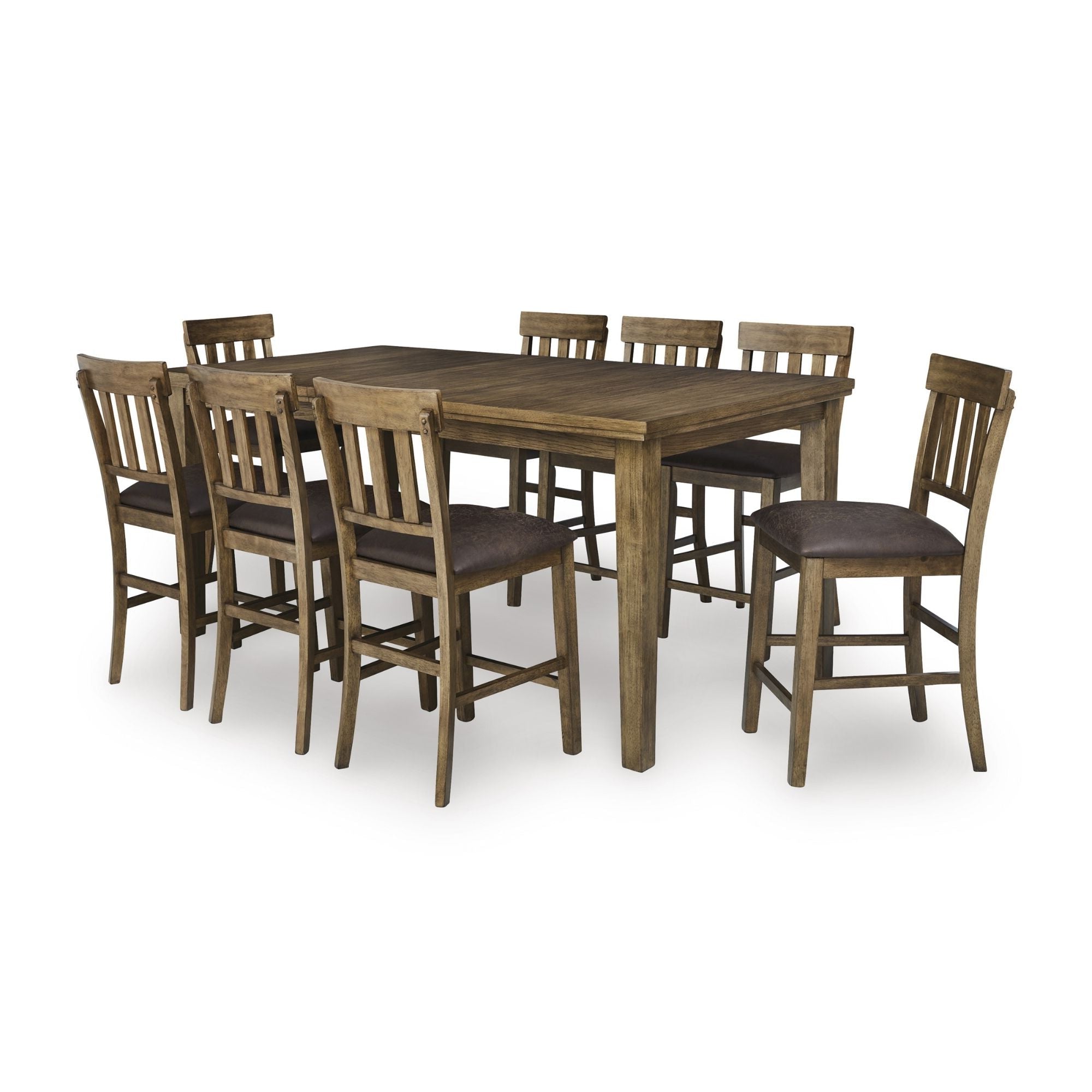 Ashley Urbinforte 9-piece counter height dining set with light brown finish, includes table and matching chairs, ideal for casual dining.