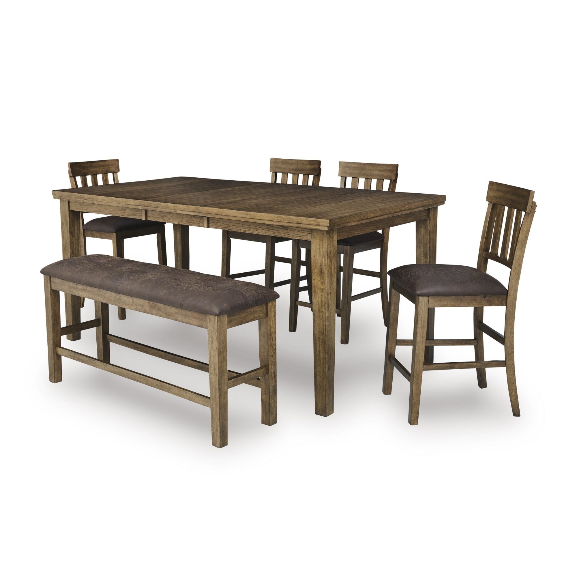 Ashley Urbinforte 6-piece counter dining set with light brown wood finish, includes table and matching chairs for kitchen or dining area.