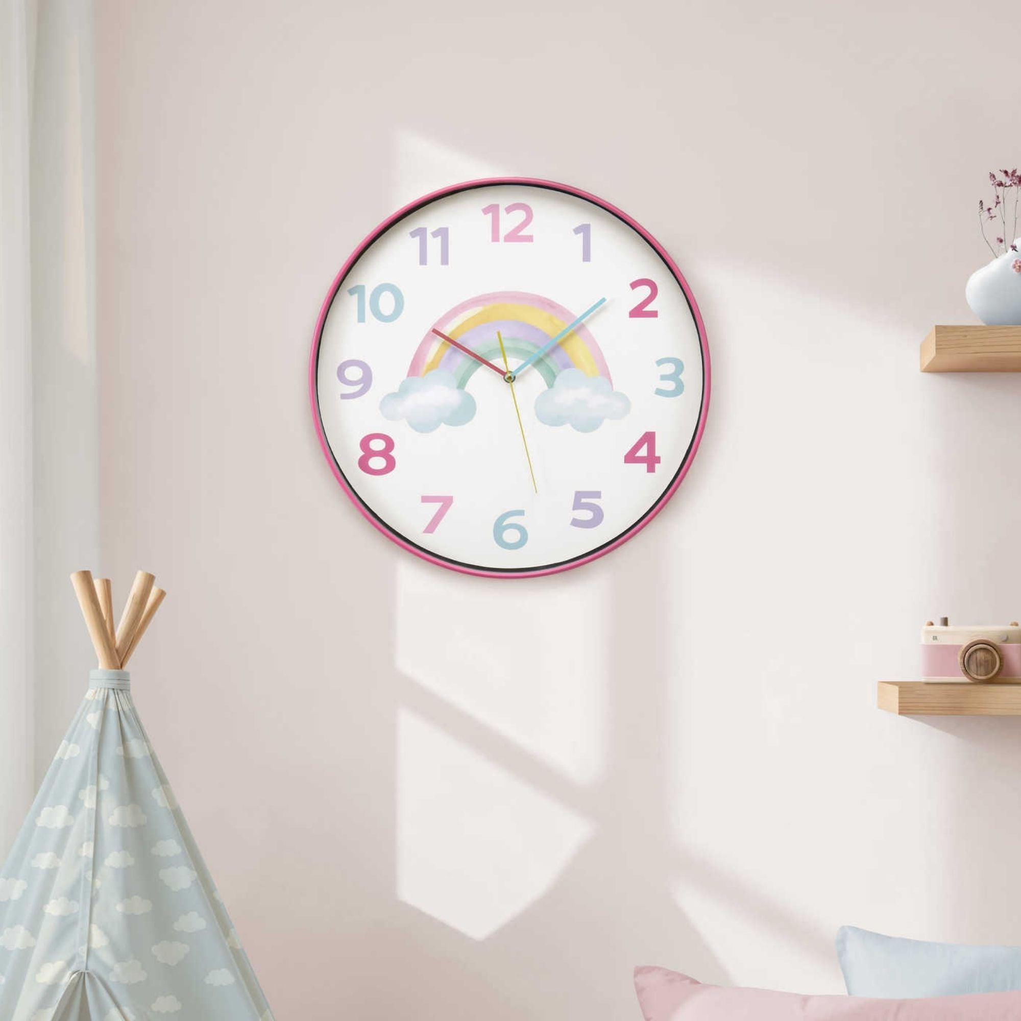 Colorful 18-inch diameter wall clock for kids by Monarch Specialties, featuring vibrant rainbow design and easy-to-read clock face.