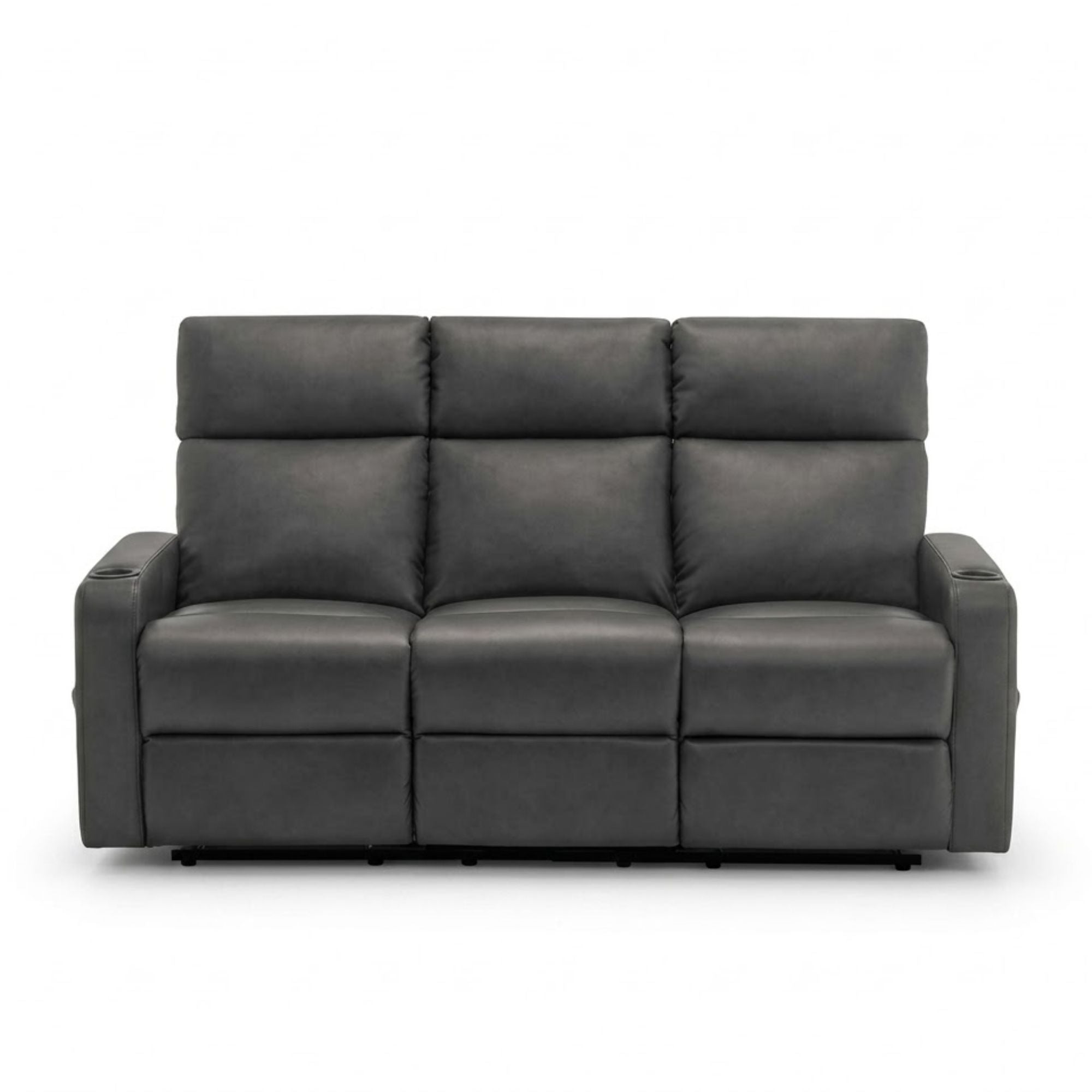 Dark grey Monarch Specialties Arden reclining sofa with built-in cupholders, featuring plush cushions and a comfortable design.