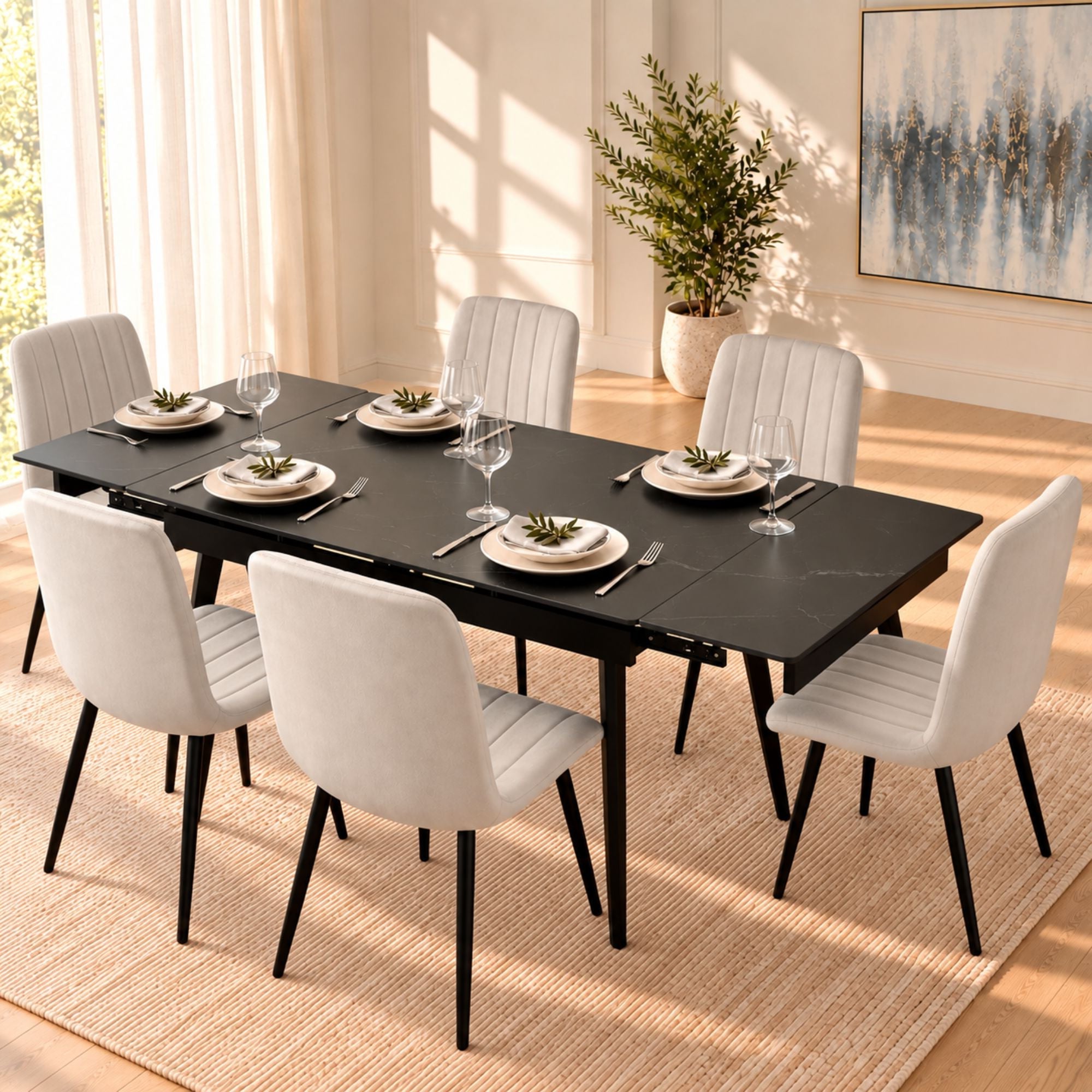 Arden Sintered stone Extendable Dining Set Marbled Black & Light Grey
