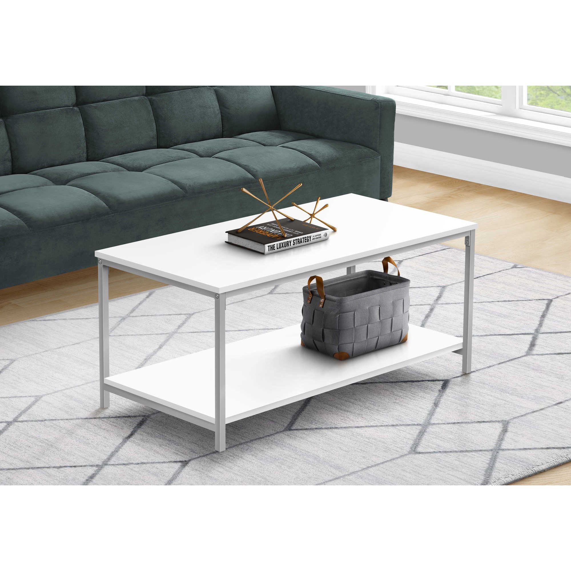 Modern Elara coffee table by Monarch Specialties featuring a sleek design with a wooden top and metal legs.