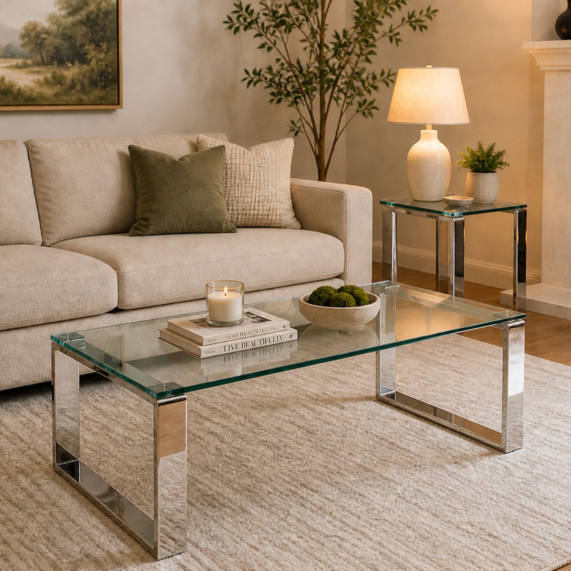 Elite Living GEM Glass 2-piece coffee and end table set with clear glass surfaces and sleek metal frames, modern design.