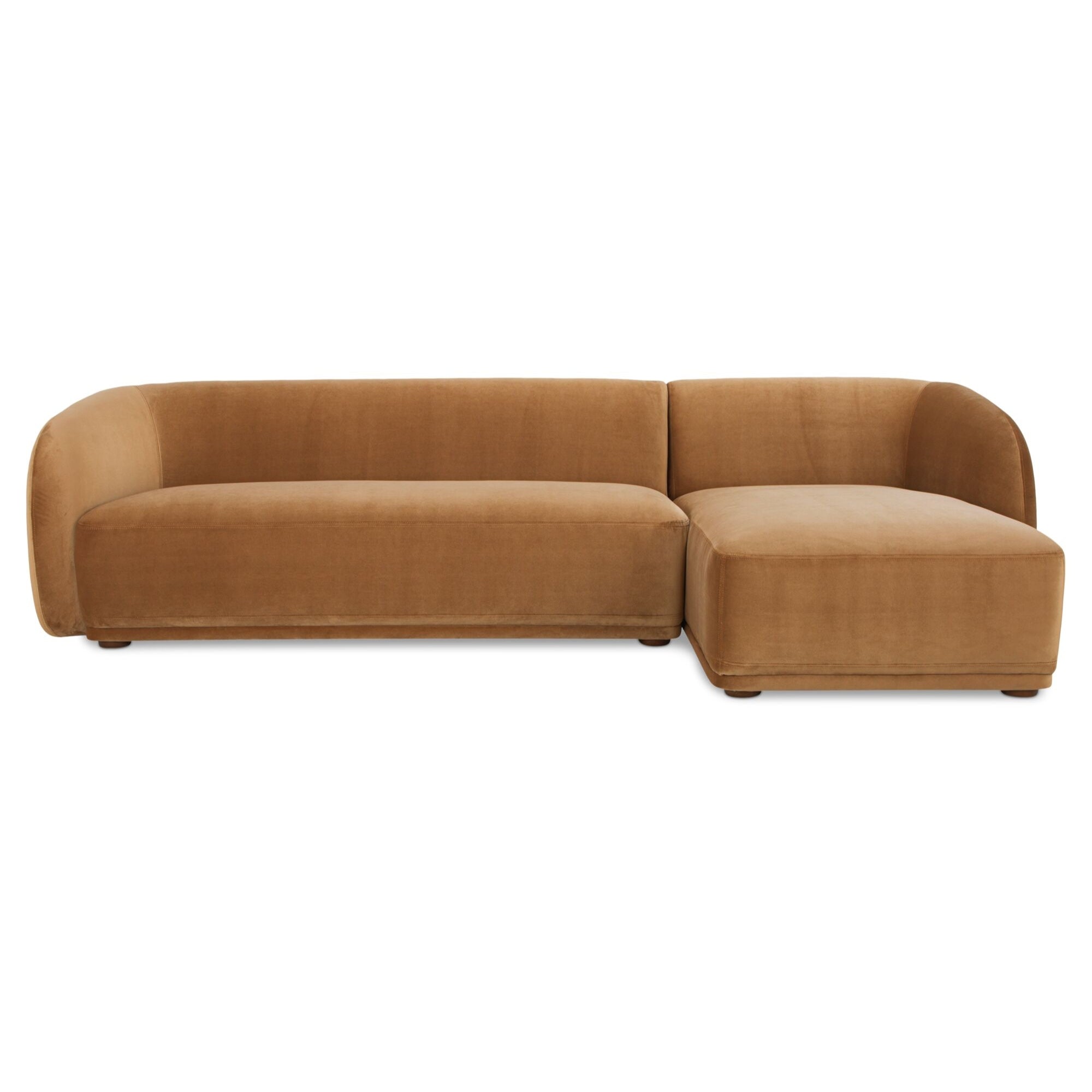 Right-facing Faye sectional sofa in tan faux mohair fabric by Moe's Home Furniture, showcasing plush upholstery and modern design.