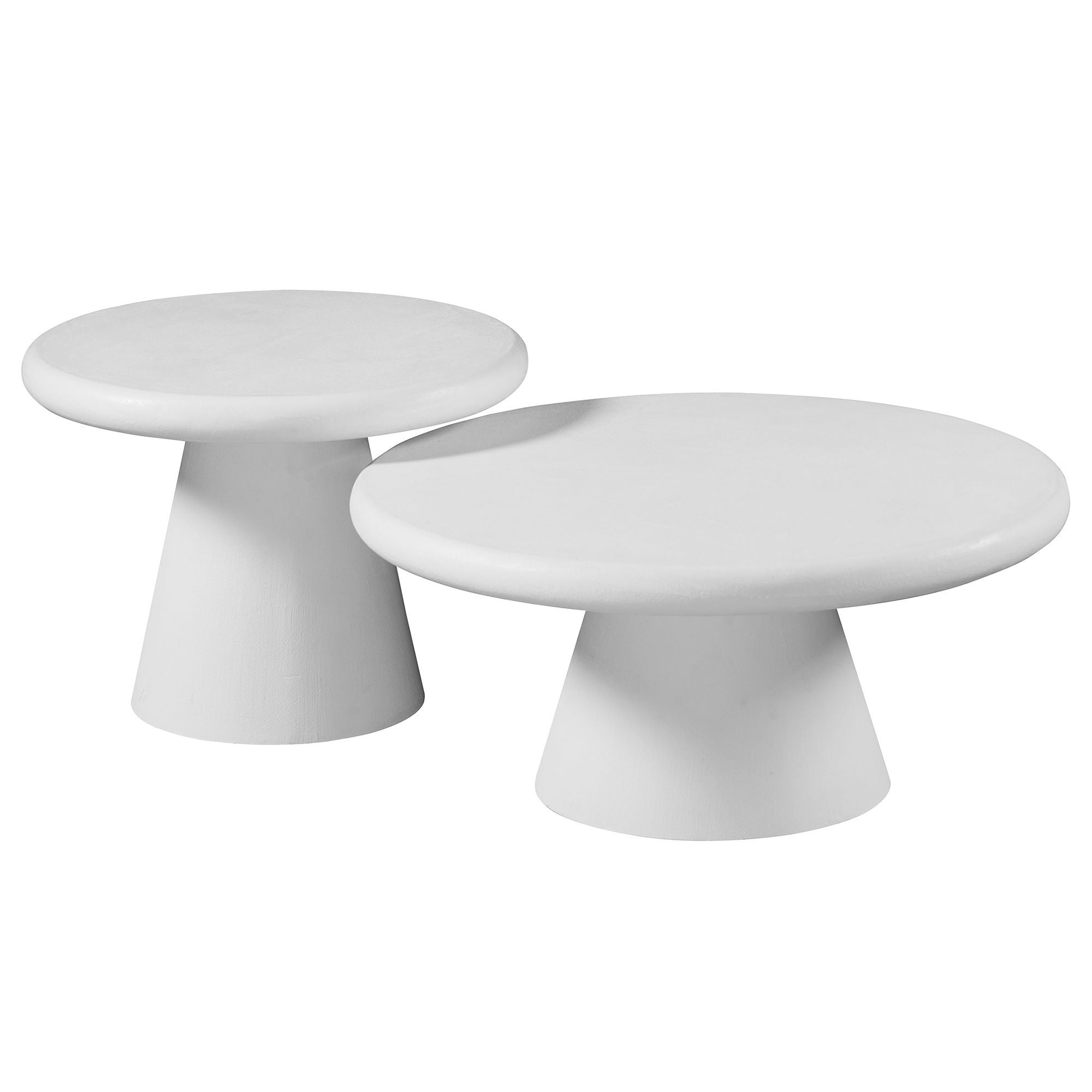White Galio 2-piece round coffee table set by World Wide, featuring sleek modern design with smooth tabletops and sturdy legs.
