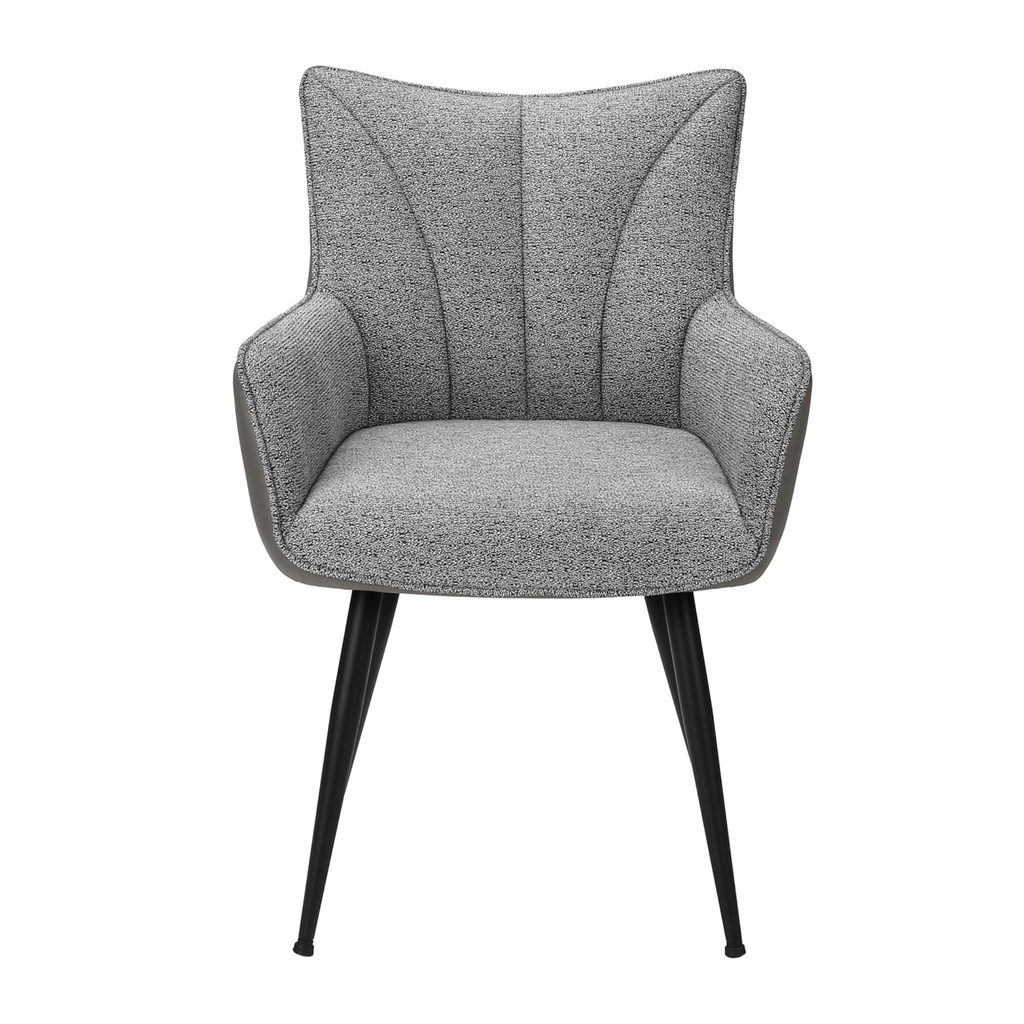Set of two grey and light grey upholstered dining chairs with metal legs by Monarch Specialties, showing comfortable seating and modern design.