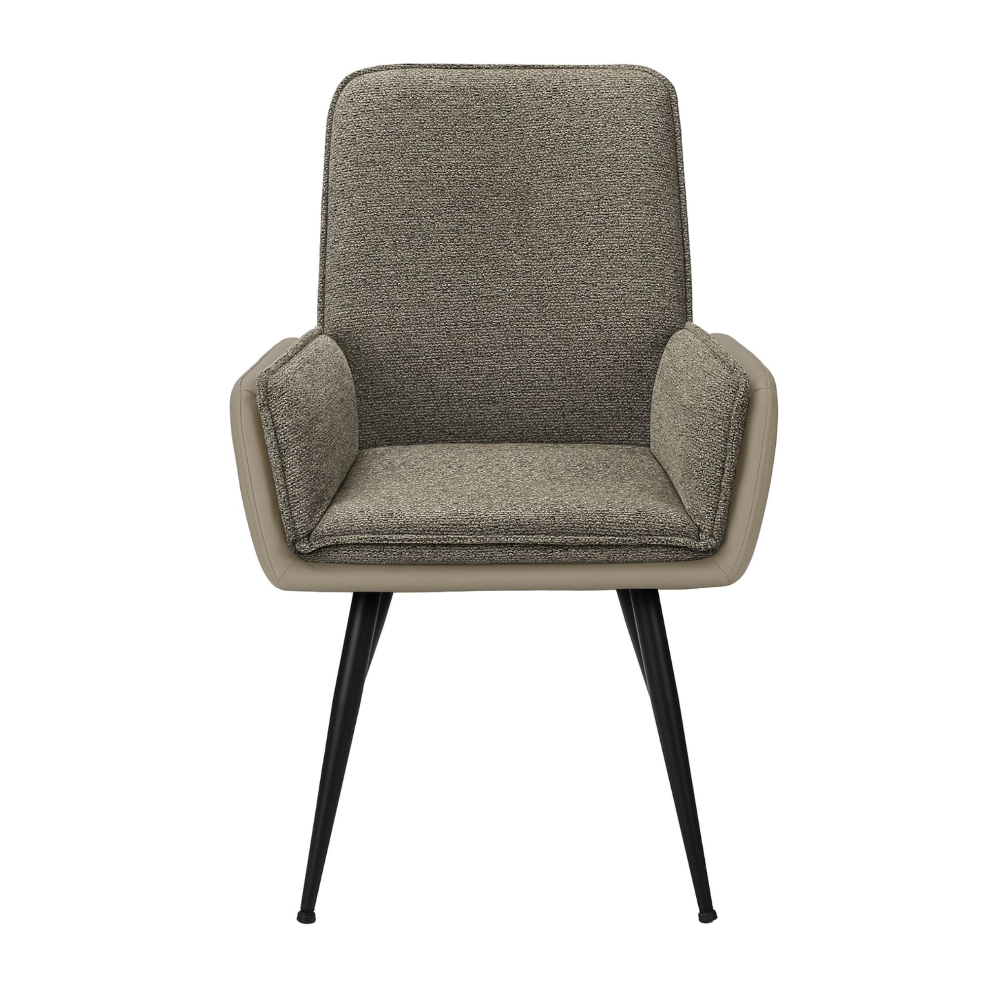 Set of two taupe and brown upholstered dining chairs with metal legs by Monarch Specialties, showing comfortable seat and modern design.