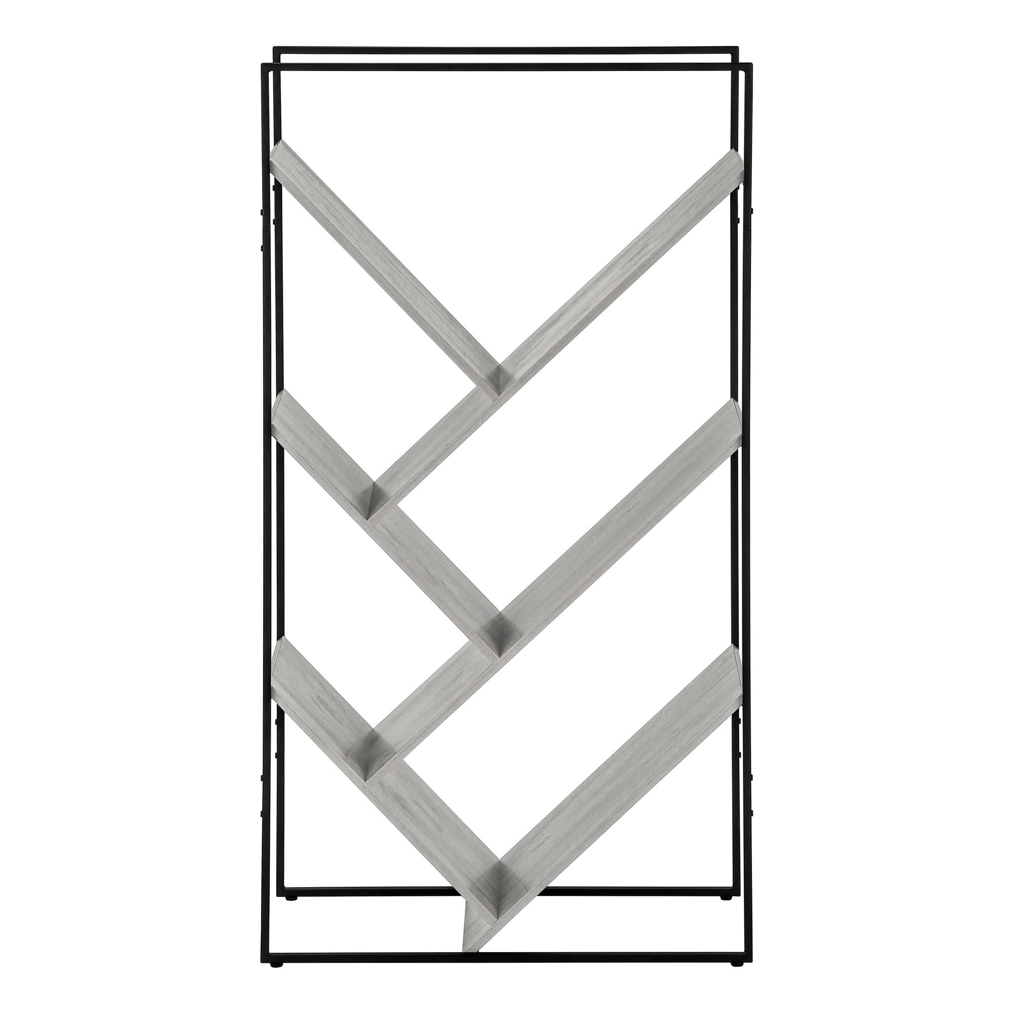 Grey and black metal Shelfix 60-inch bookcase with multiple shelves by Monarch Specialties for stylish storage.
