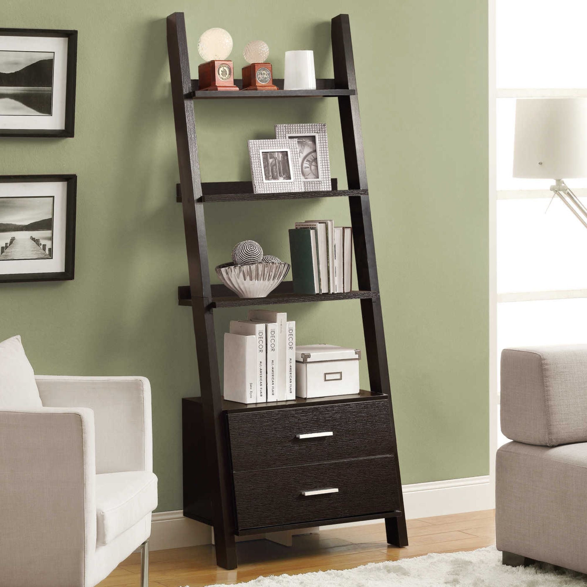 Espresso wooden ladder bookcase with 69-inch height and two storage drawers, modern design by Monarch Specialties.