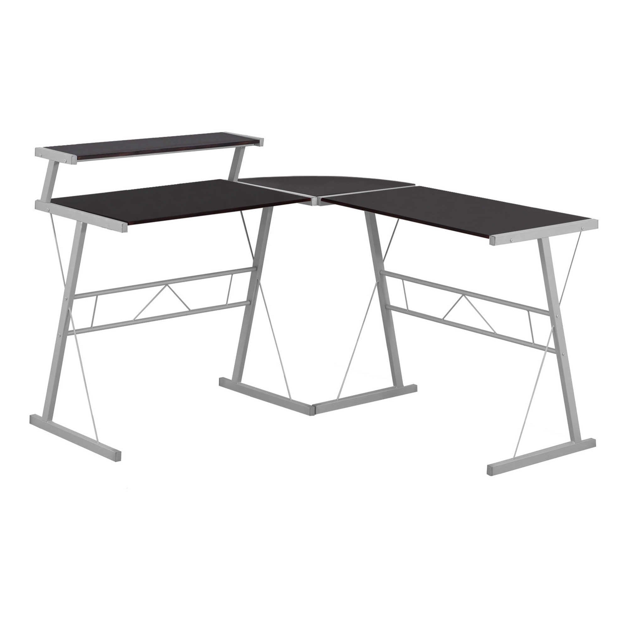 L-shaped office desk with espresso wood top and silver metal frame by Monarch Specialties, showing the spacious workspace.