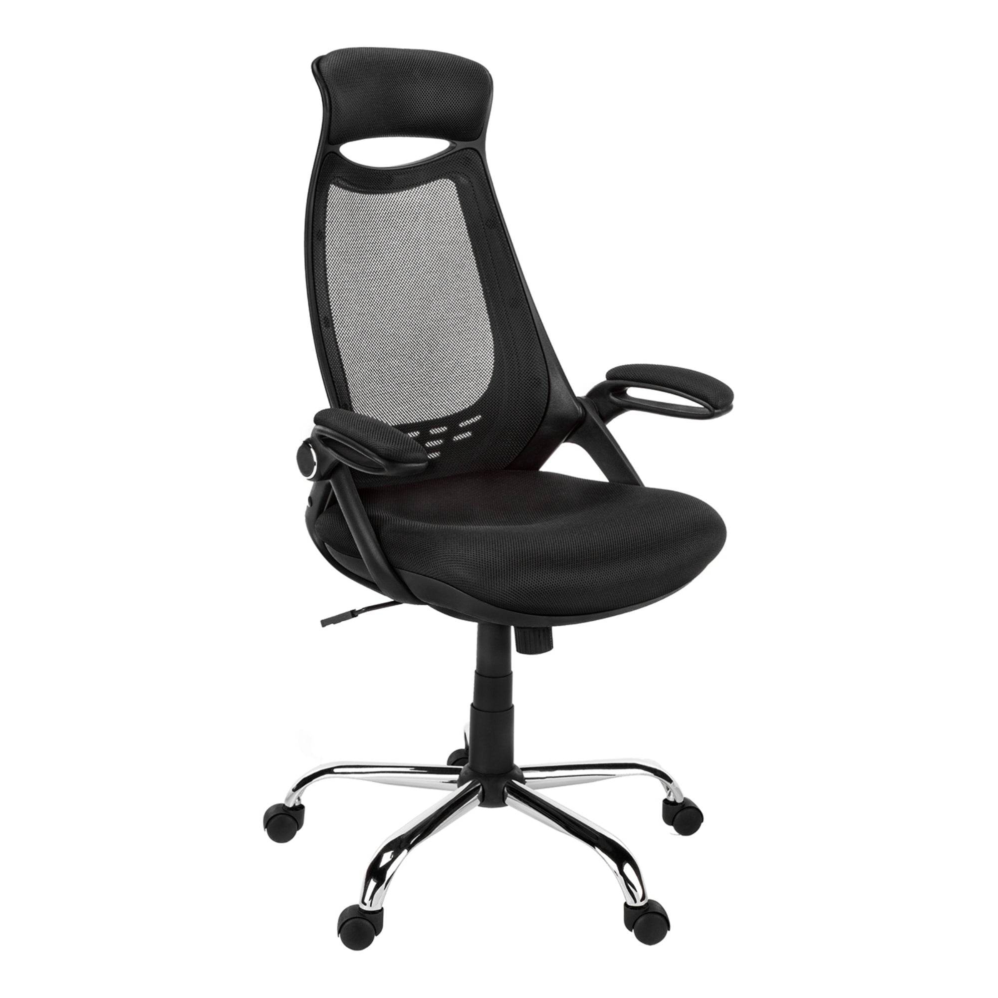Black Monarch Specialties executive high-back mesh office chair with armrests and ergonomic design.