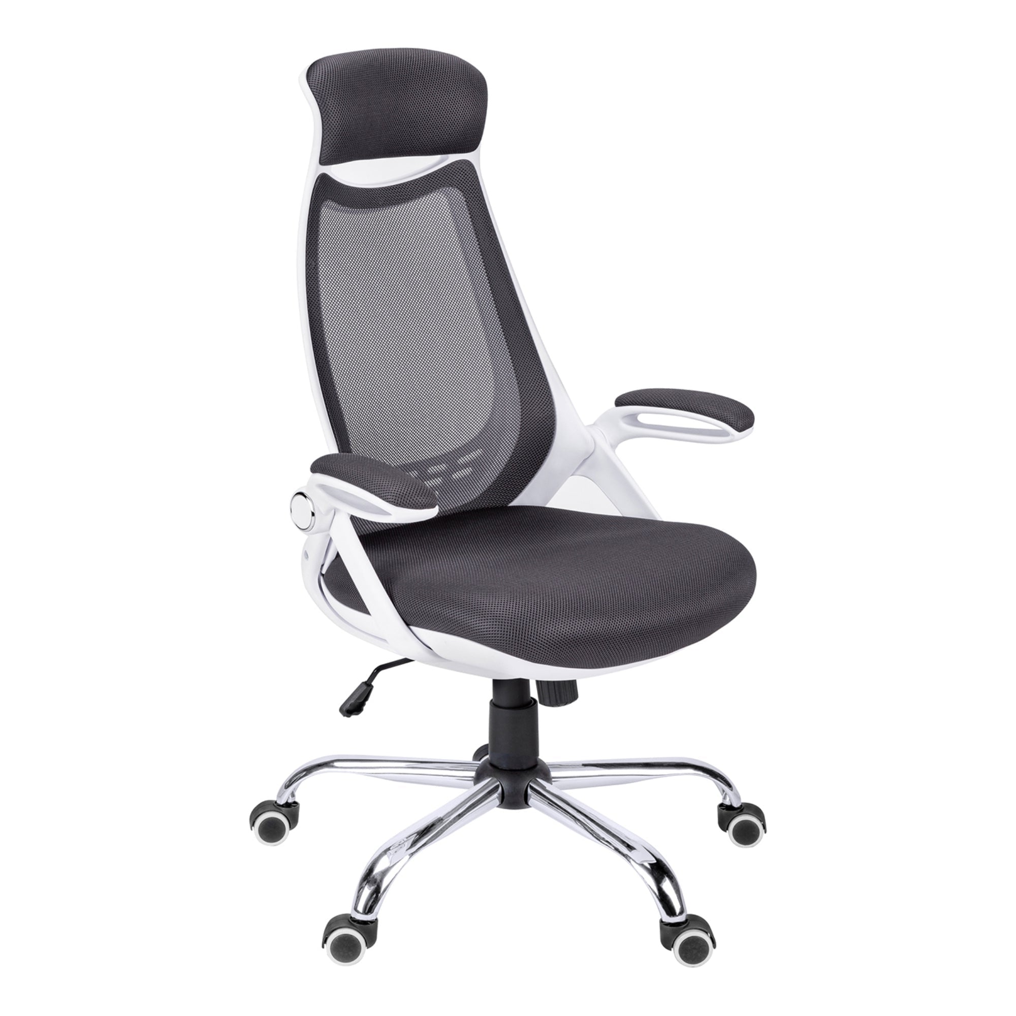White executive high-back mesh office chair by Monarch Specialties with adjustable armrests and ergonomic design.